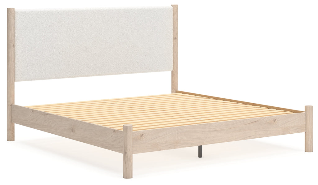 Cadmori King Upholstered Panel Bed, Dresser, Mirror and Nightstand, Two-Tone