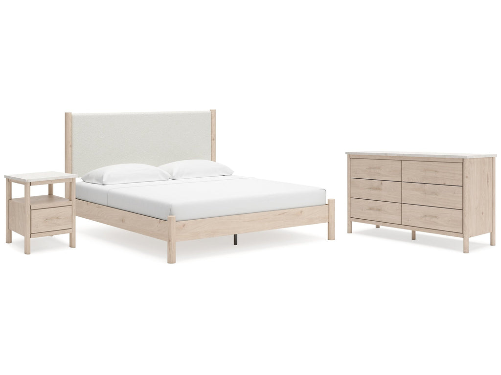 Cadmori Two-tone King Upholstered Panel Bed & Dresser & Nightstand