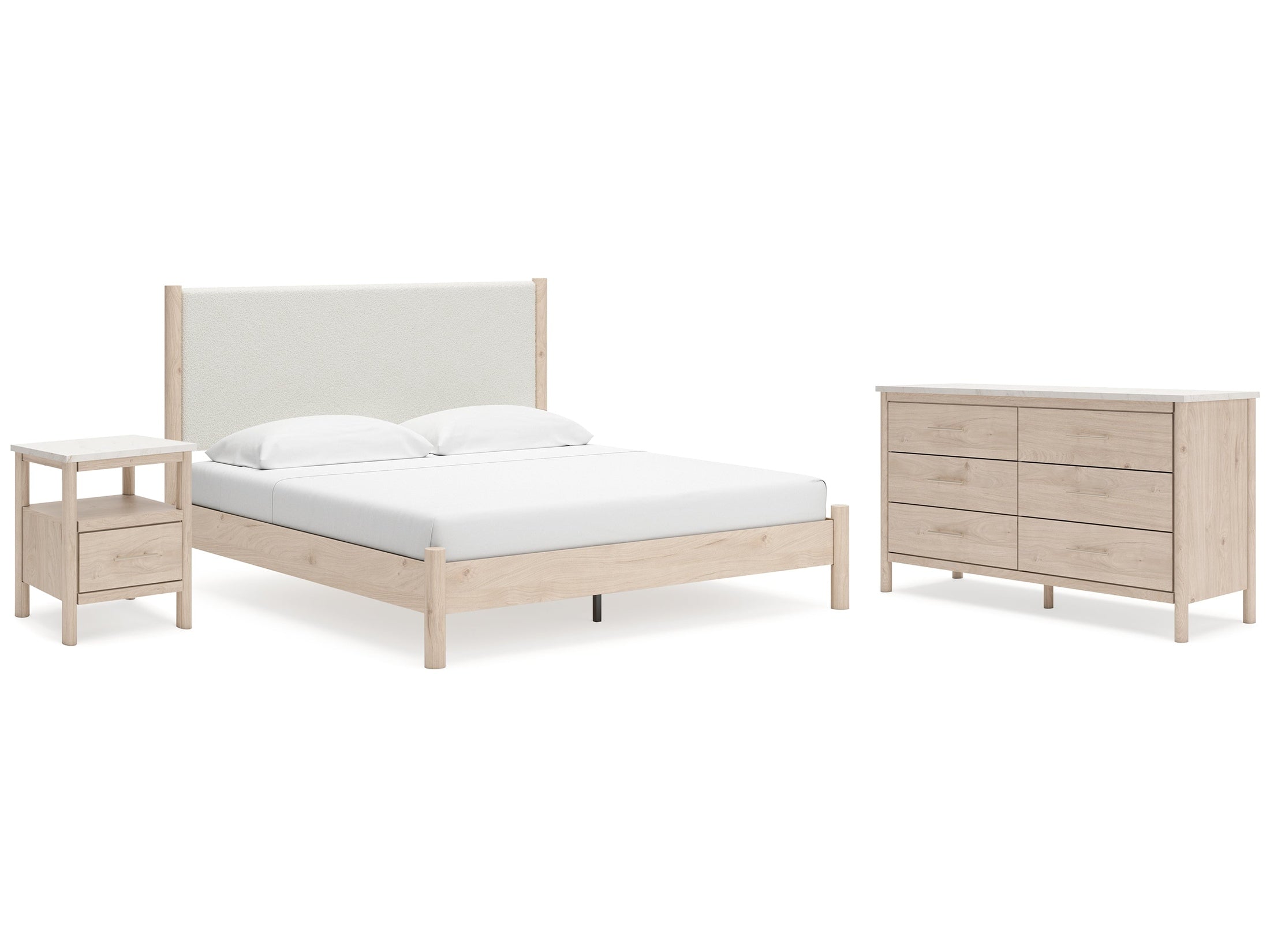 Cadmori Two-tone King Upholstered Panel Bed & Dresser & Nightstand