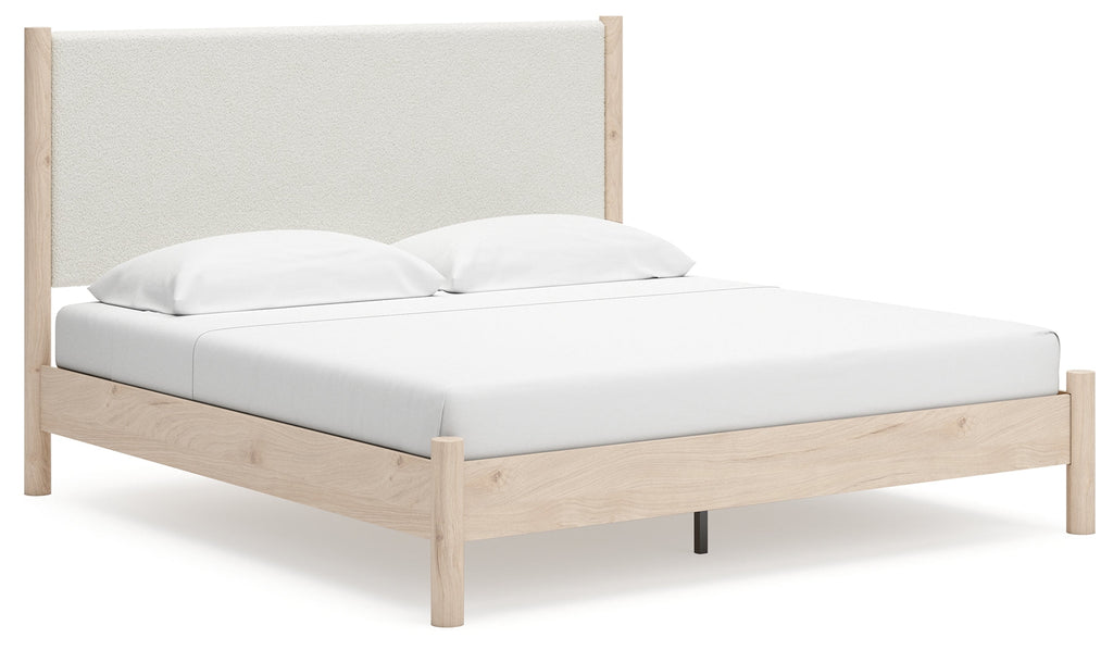 Cadmori Two-tone King Upholstered Panel Bed & Dresser & Nightstand