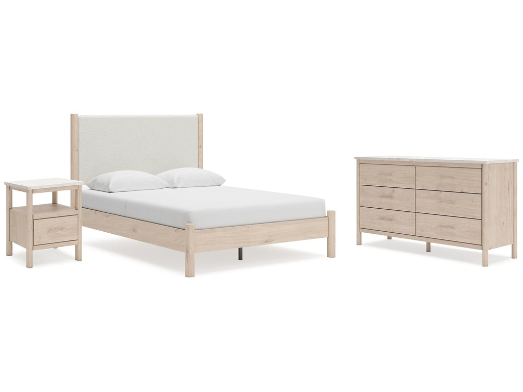 Cadmori Two-tone Queen Upholstered Panel Bed & Dresser & Nightstand
