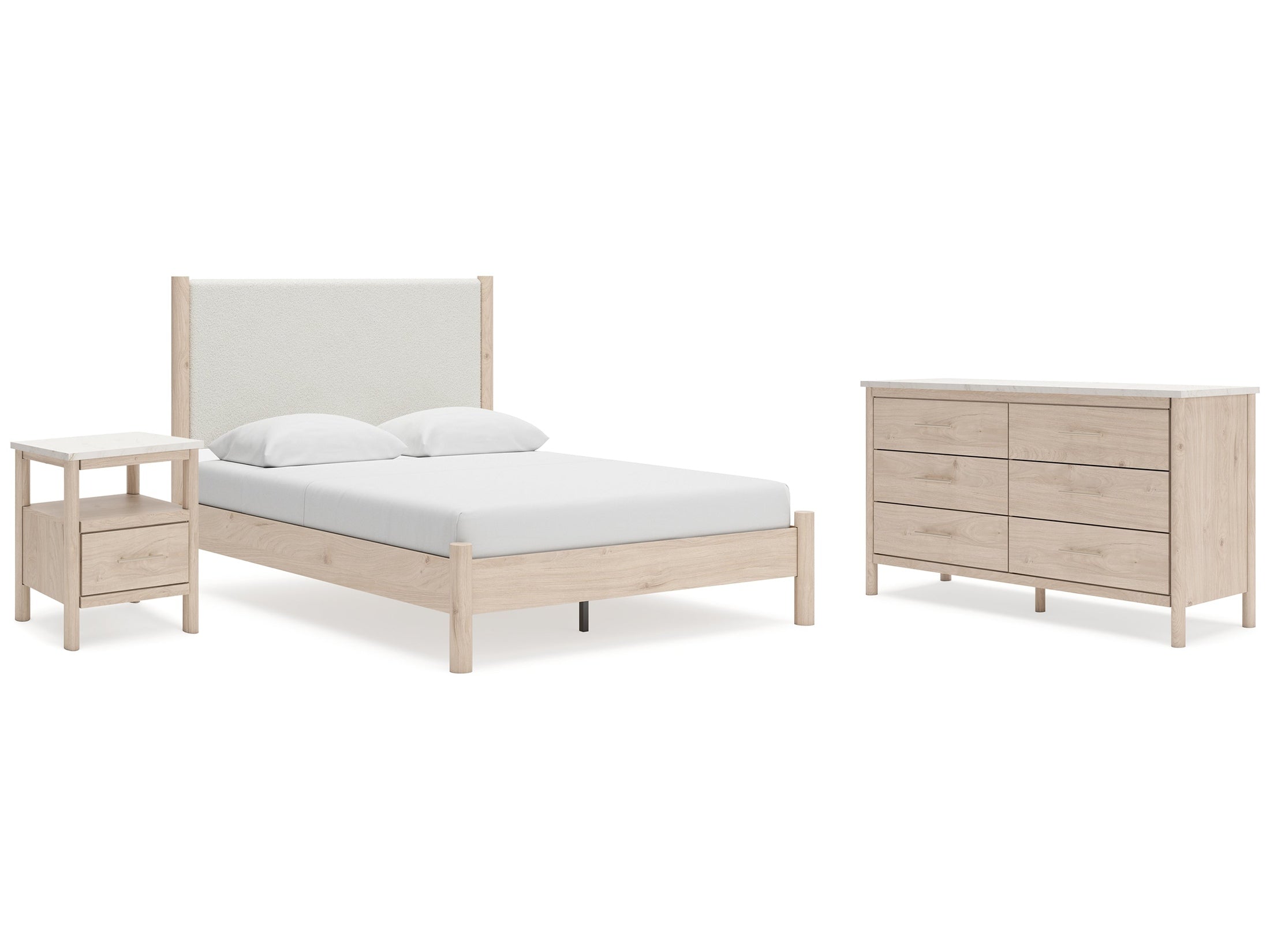 Cadmori Two-tone Queen Upholstered Panel Bed & Dresser & Nightstand