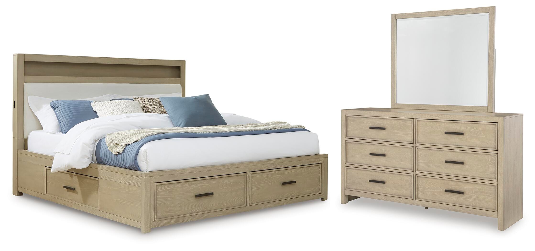 Calmoro Gray Queen Bookcase Bed, Dresser and Mirror
