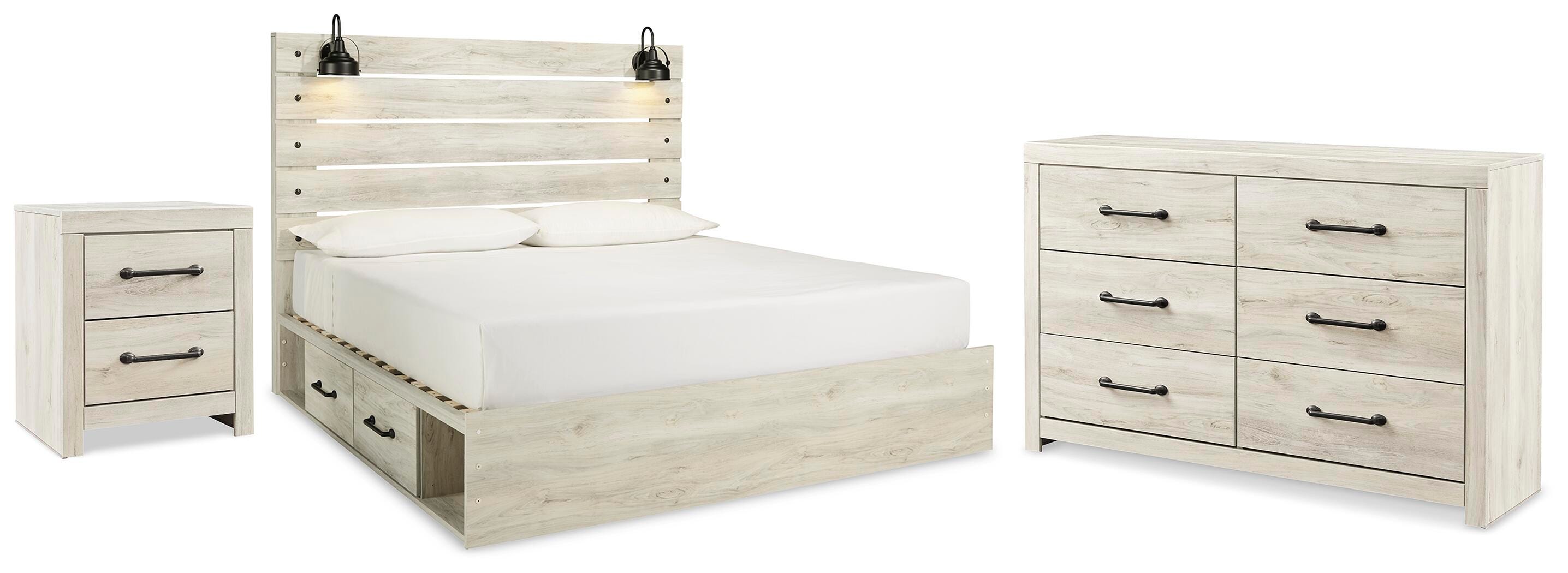Cambeck Brown/Whitewash King Panel Storage Bed, Dresser and Nightstand