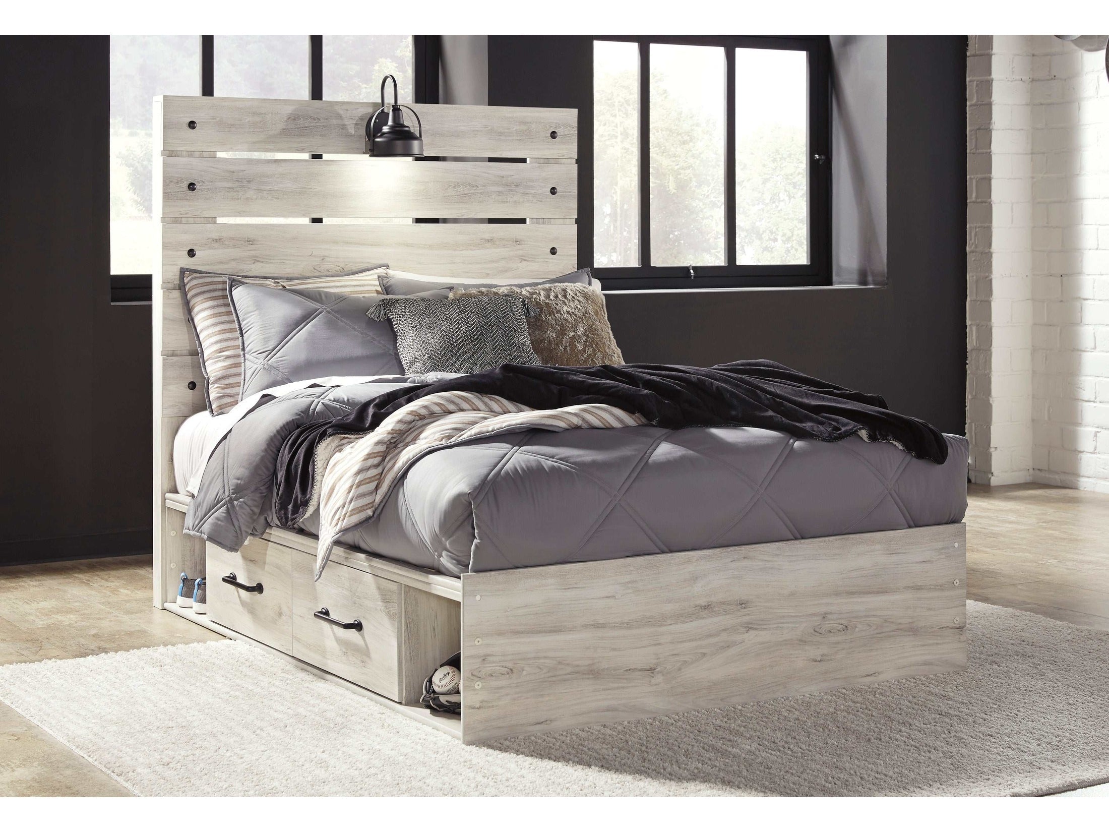 Cambeck Whitewash Full Panel Youth Bed w/ 2 Storage Drawers