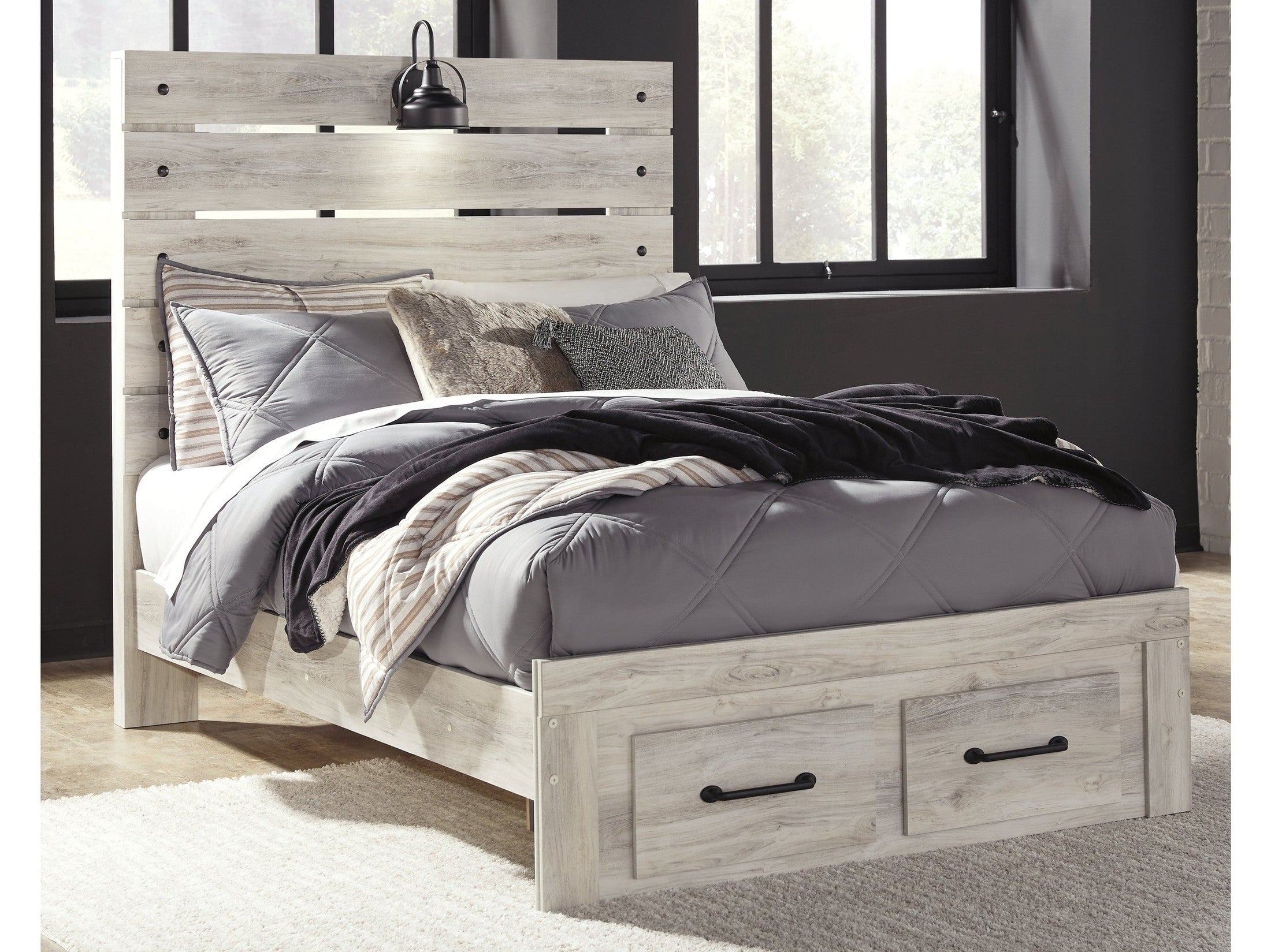 Cambeck Whitewash Full Panel Youth Bed with 2 Storage Drawers