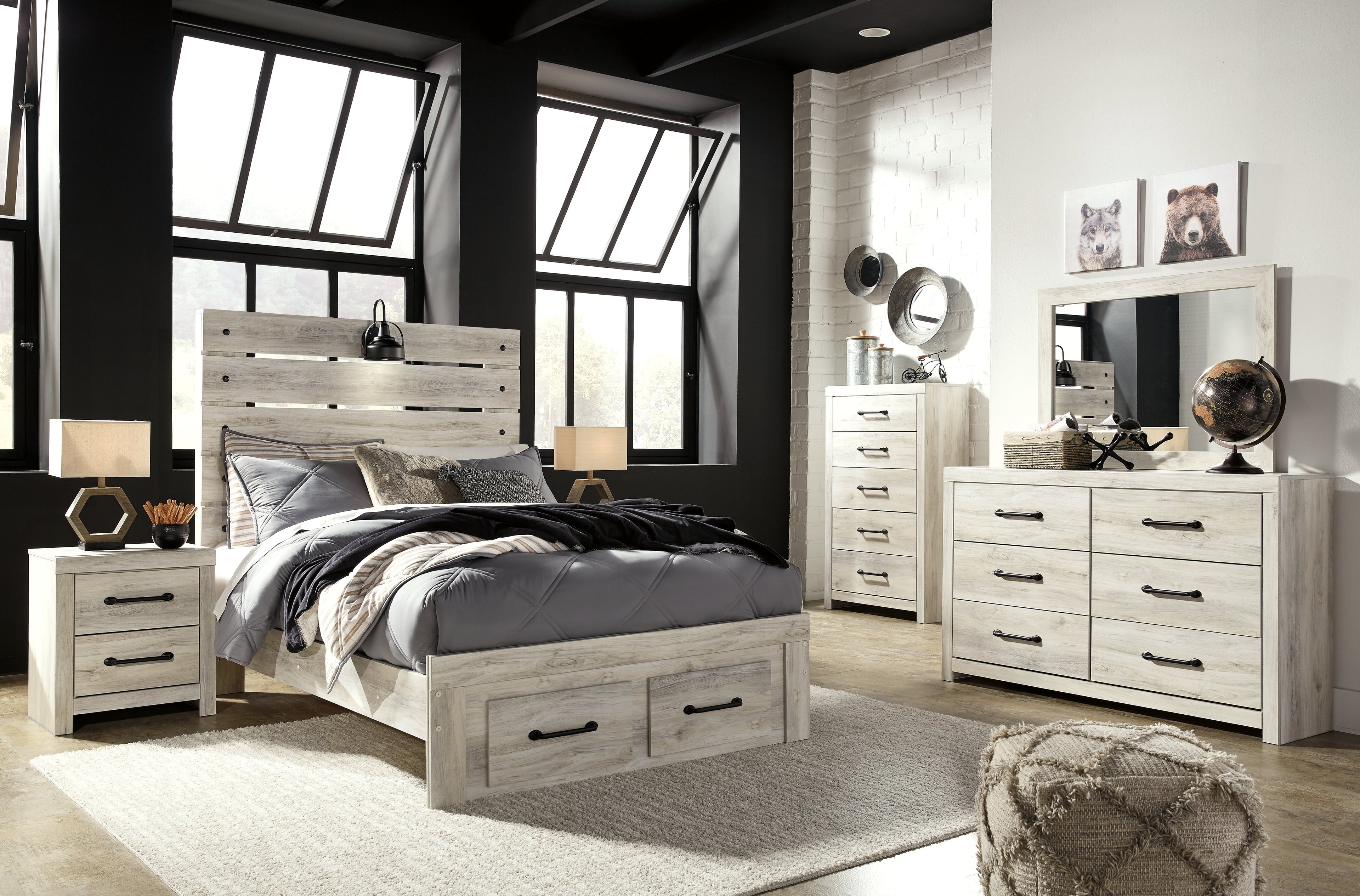 Cambeck Whitewash Full Panel Youth Bed with 2 Storage Drawers