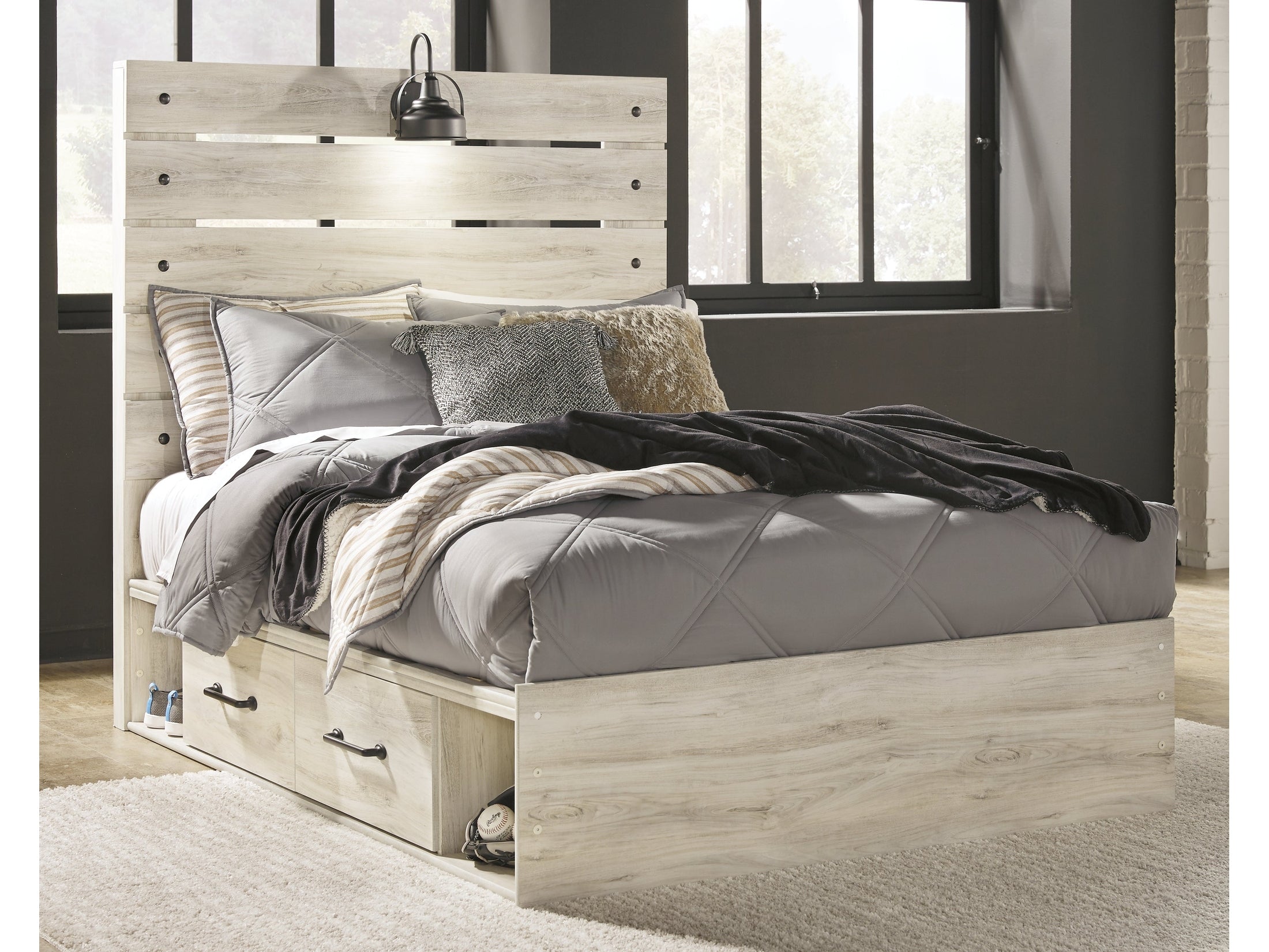 Cambeck Whitewash Full Panel Youth Bed with 4 Storage Drawers