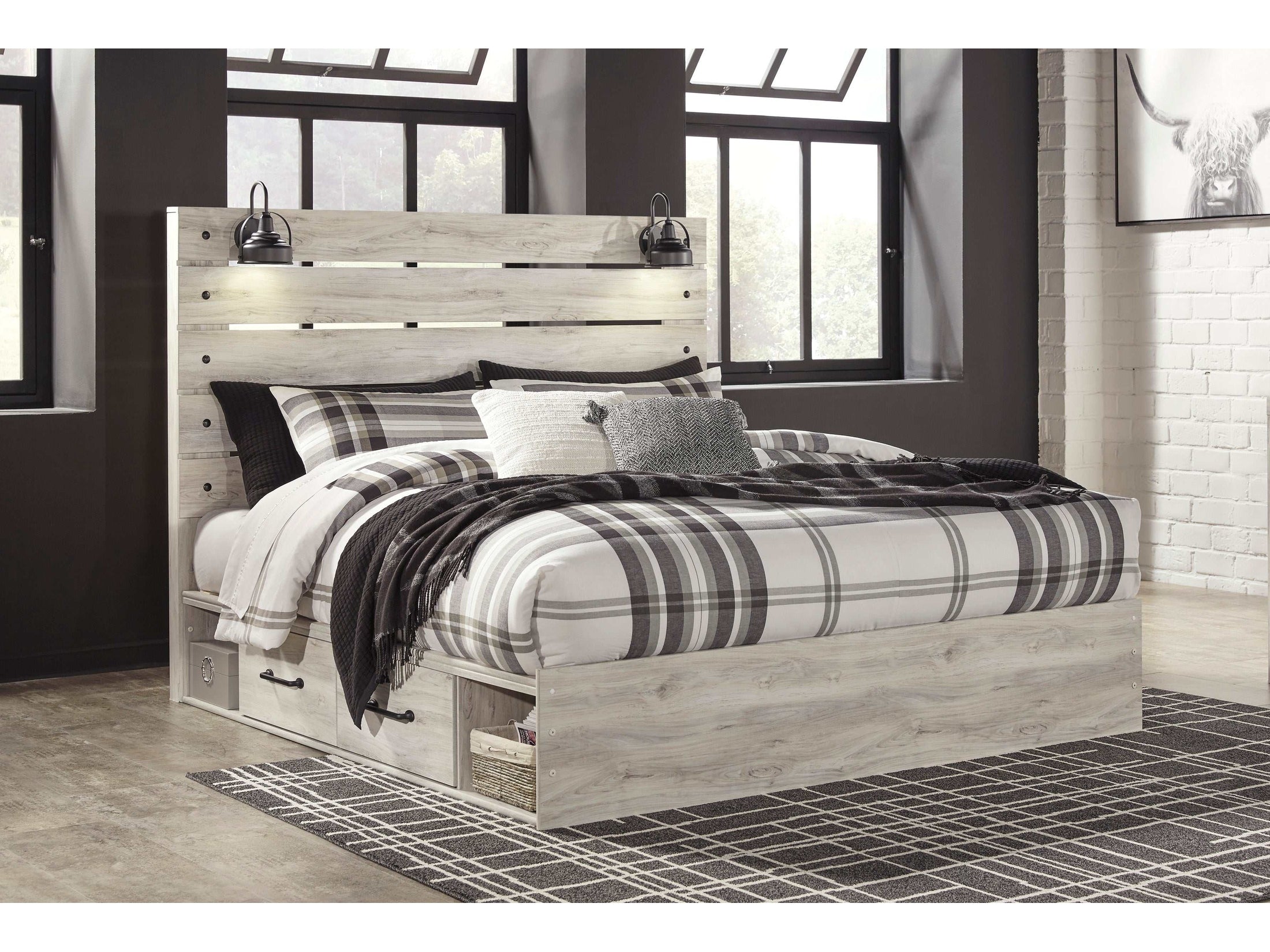 Cambeck Whitewash King Panel Bed w/ 2 Storage Drawers