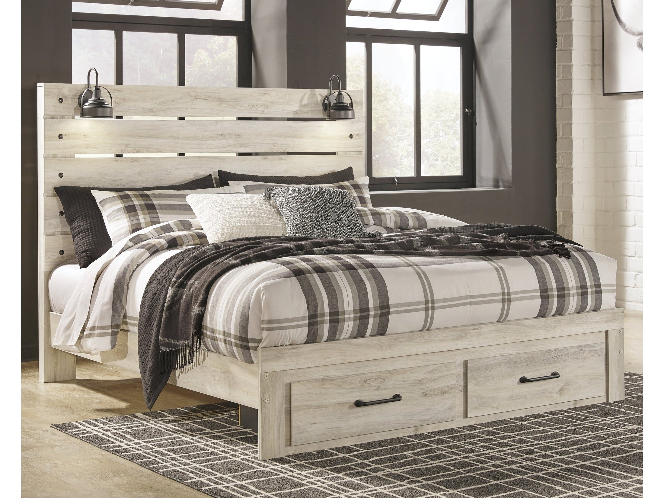 Cambeck Whitewash King Panel Bed with 2 Storage Drawers