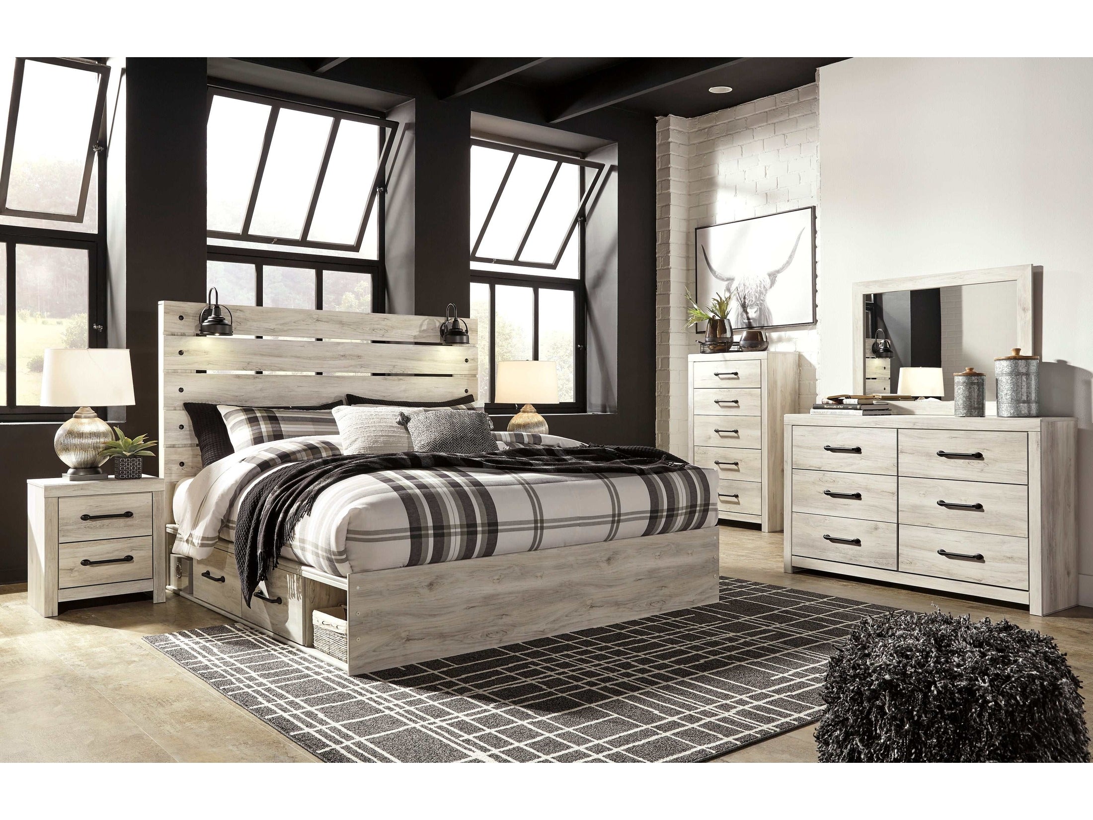 Cambeck Whitewash King Panel Bedroom Set w/ 2 Storage Drawers