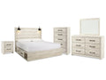 Cambeck Whitewash King Panel Storage Bed, Dresser, Mirror, Chest and Nightstand