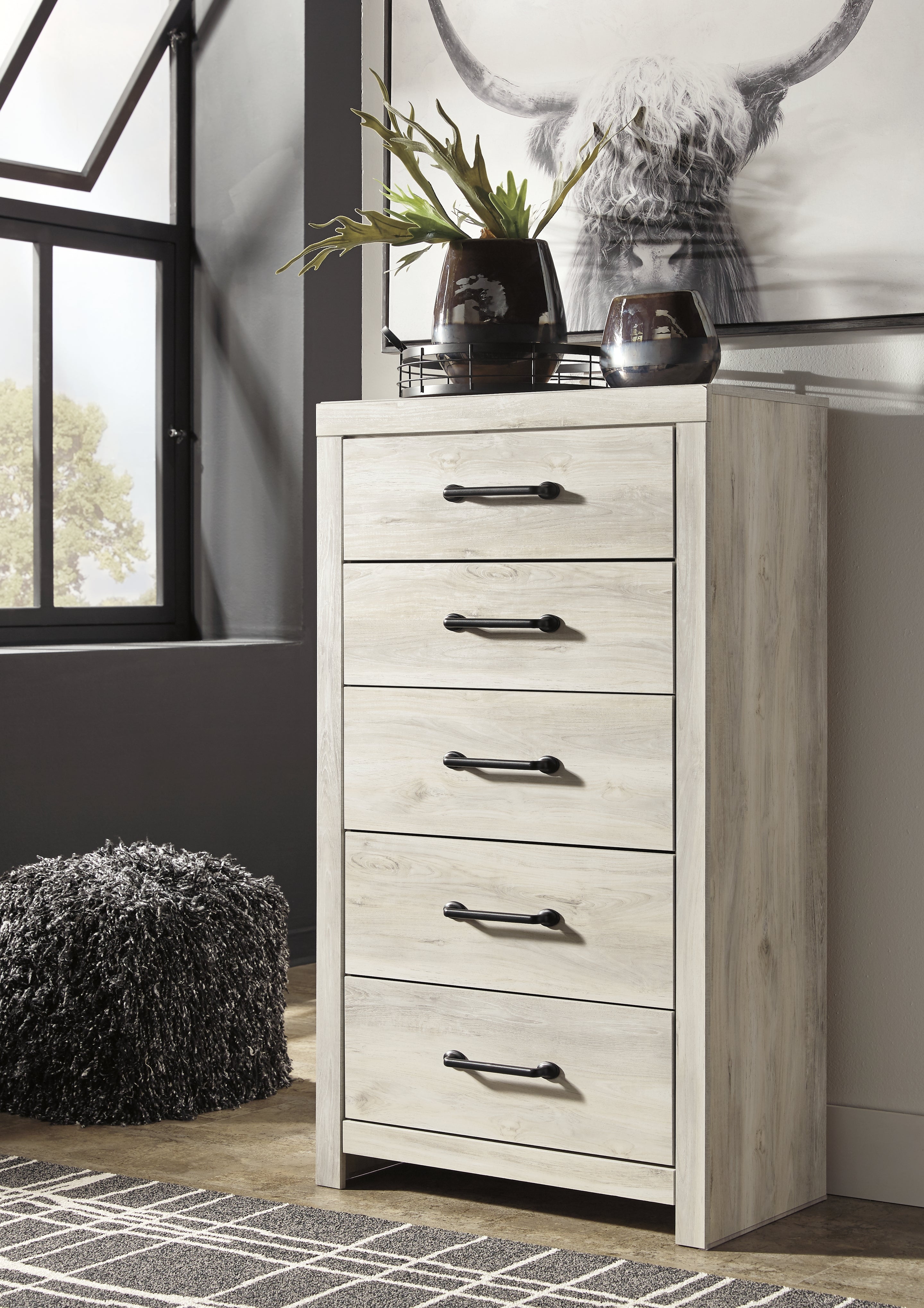 Cambeck Whitewash King Panel Storage Bed, Dresser, Mirror, Chest and Nightstand