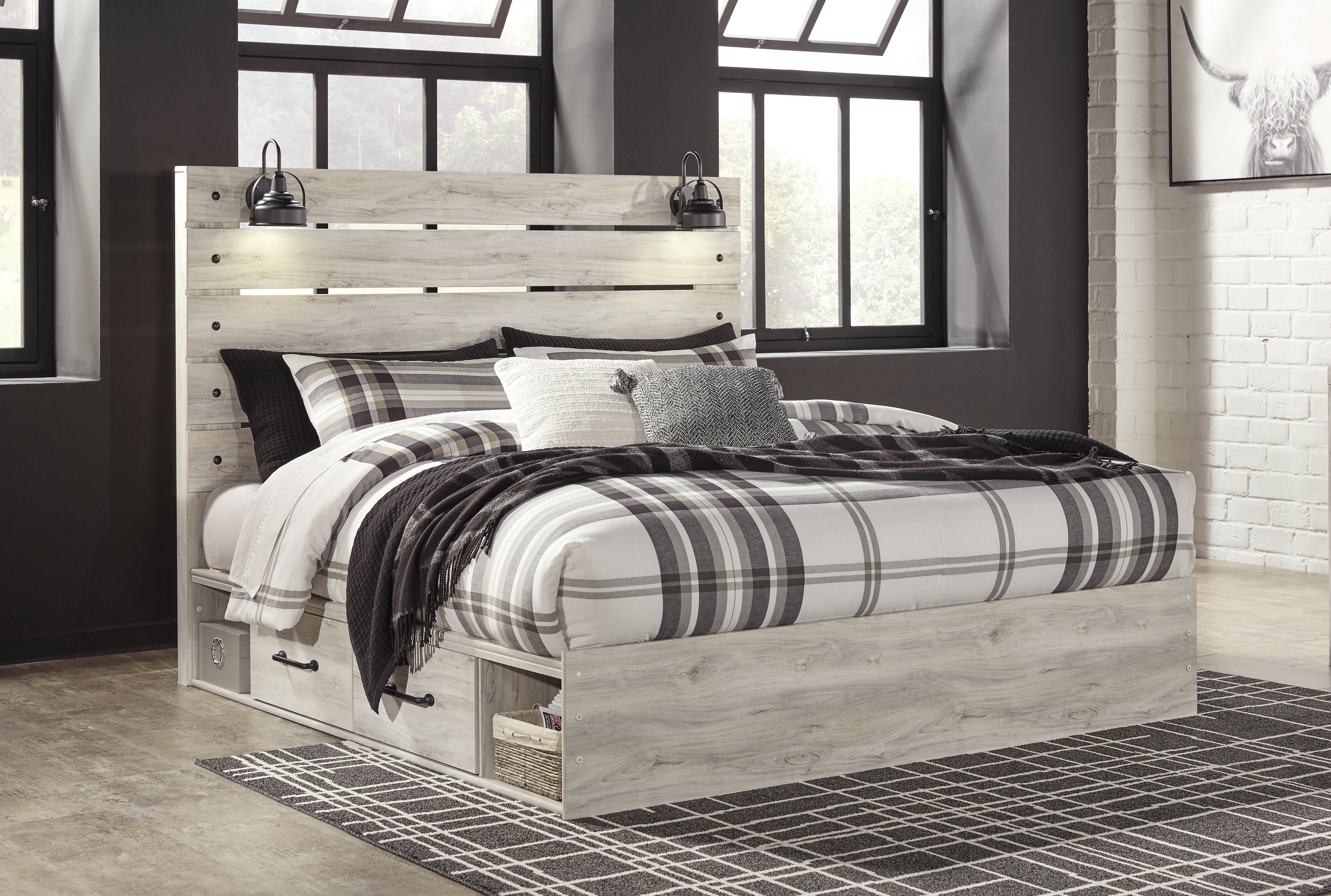 Cambeck Whitewash King Panel Storage Bed, Dresser, Mirror, Chest and Nightstand