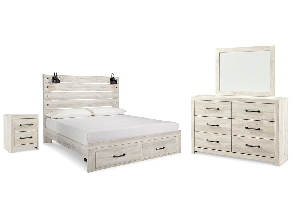 Cambeck Whitewash King Panel Storage Bed, Dresser, Mirror and Nightstand