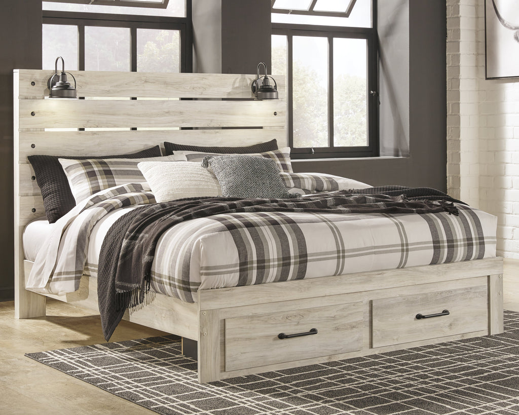 Cambeck Whitewash King Panel Storage Bed, Dresser, Mirror and Nightstand