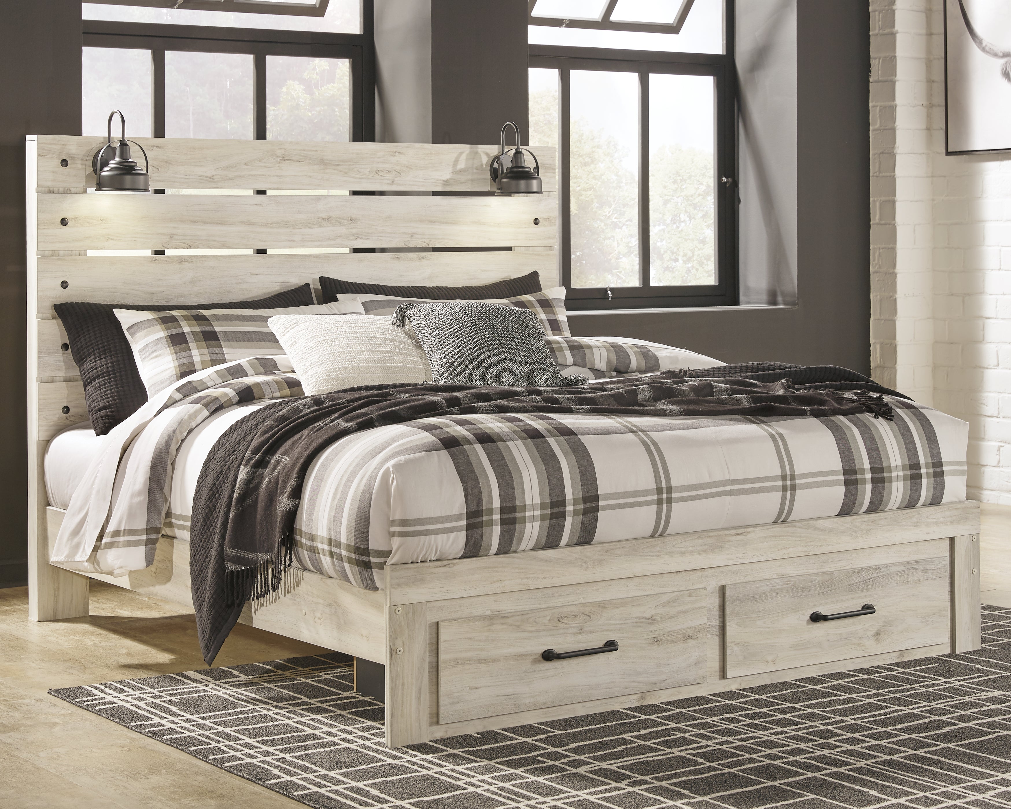 Cambeck Whitewash King Panel Storage Bed, Dresser, Mirror and Nightstand
