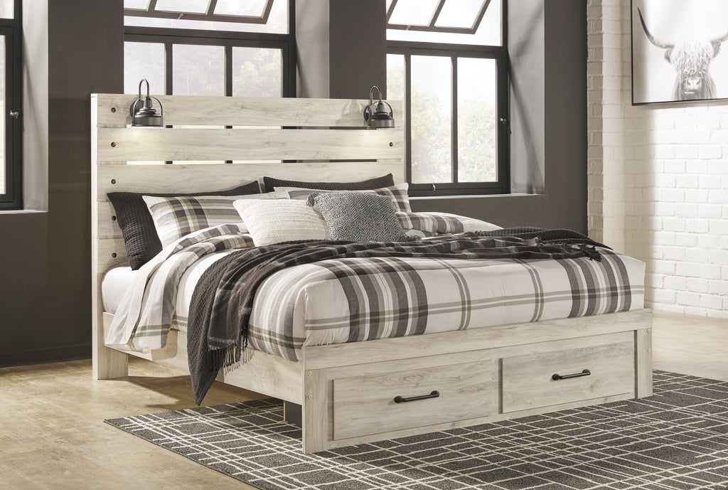 Cambeck Whitewash King Panel Storage Bed, Dresser, Mirror and Nightstand