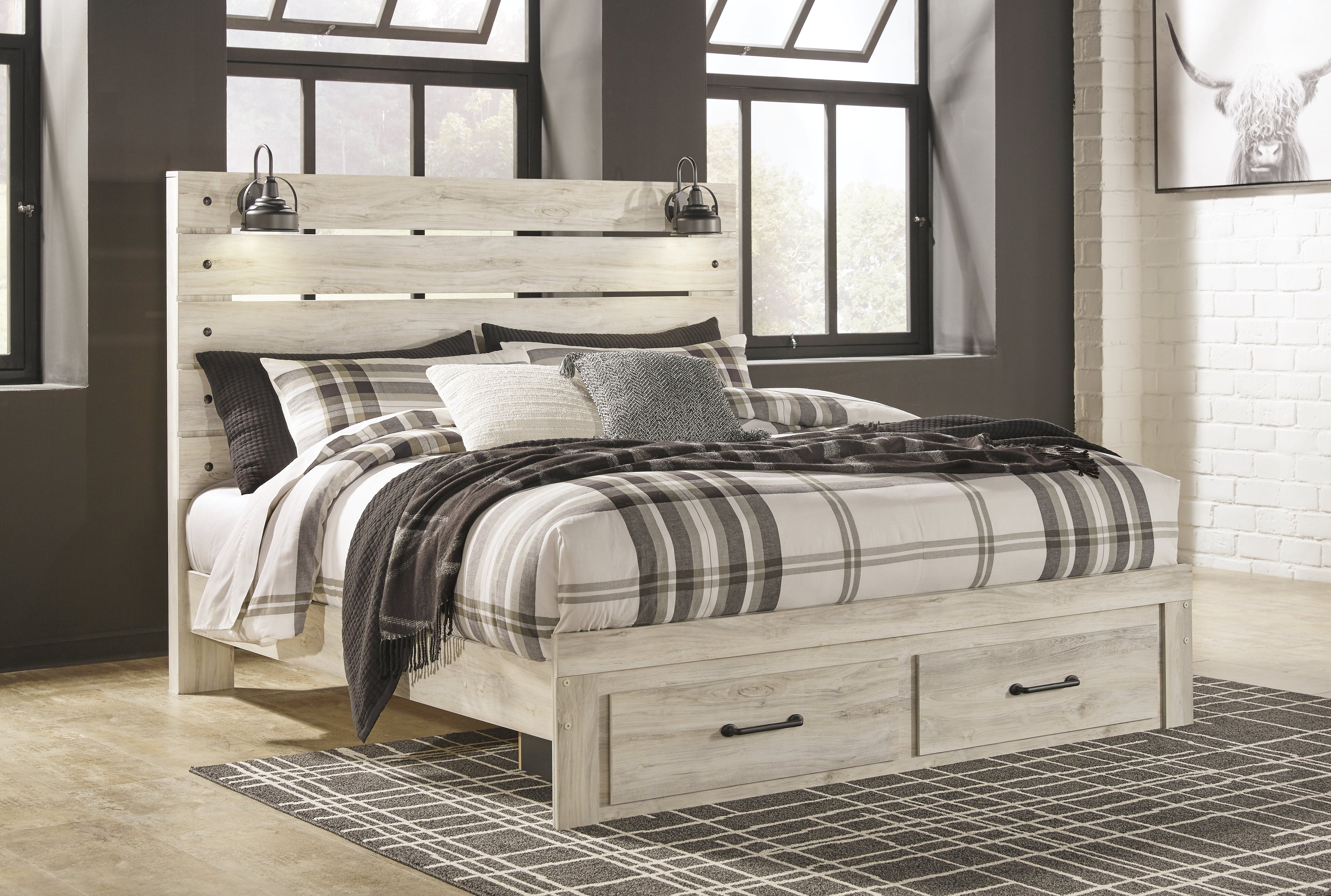 Cambeck Whitewash King Panel Storage Bed, Dresser, Mirror and Nightstand