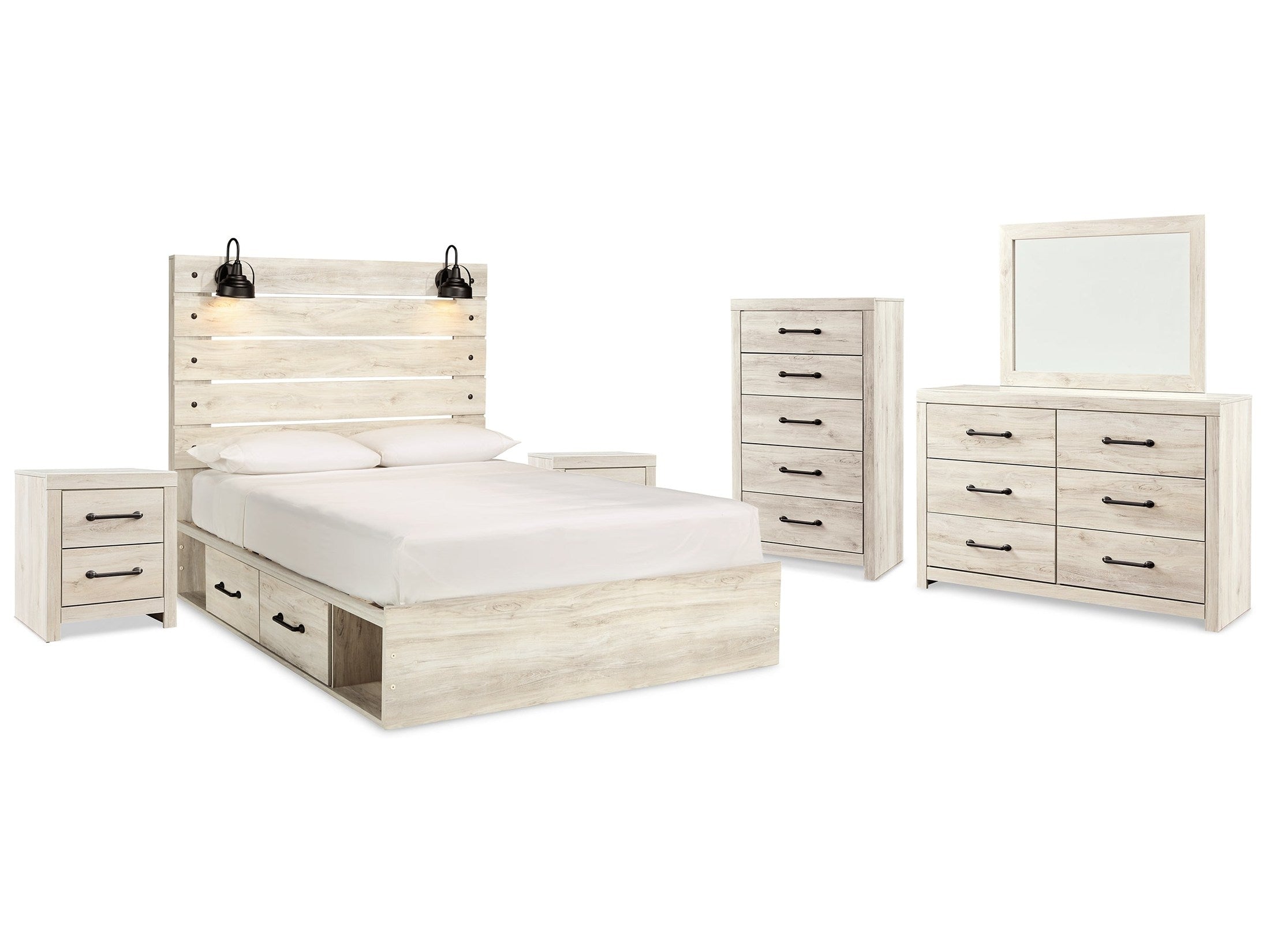 Cambeck Whitewash Queen Panel Storage Bed & Dresser & Mirror & Chest & 2 Nightstands