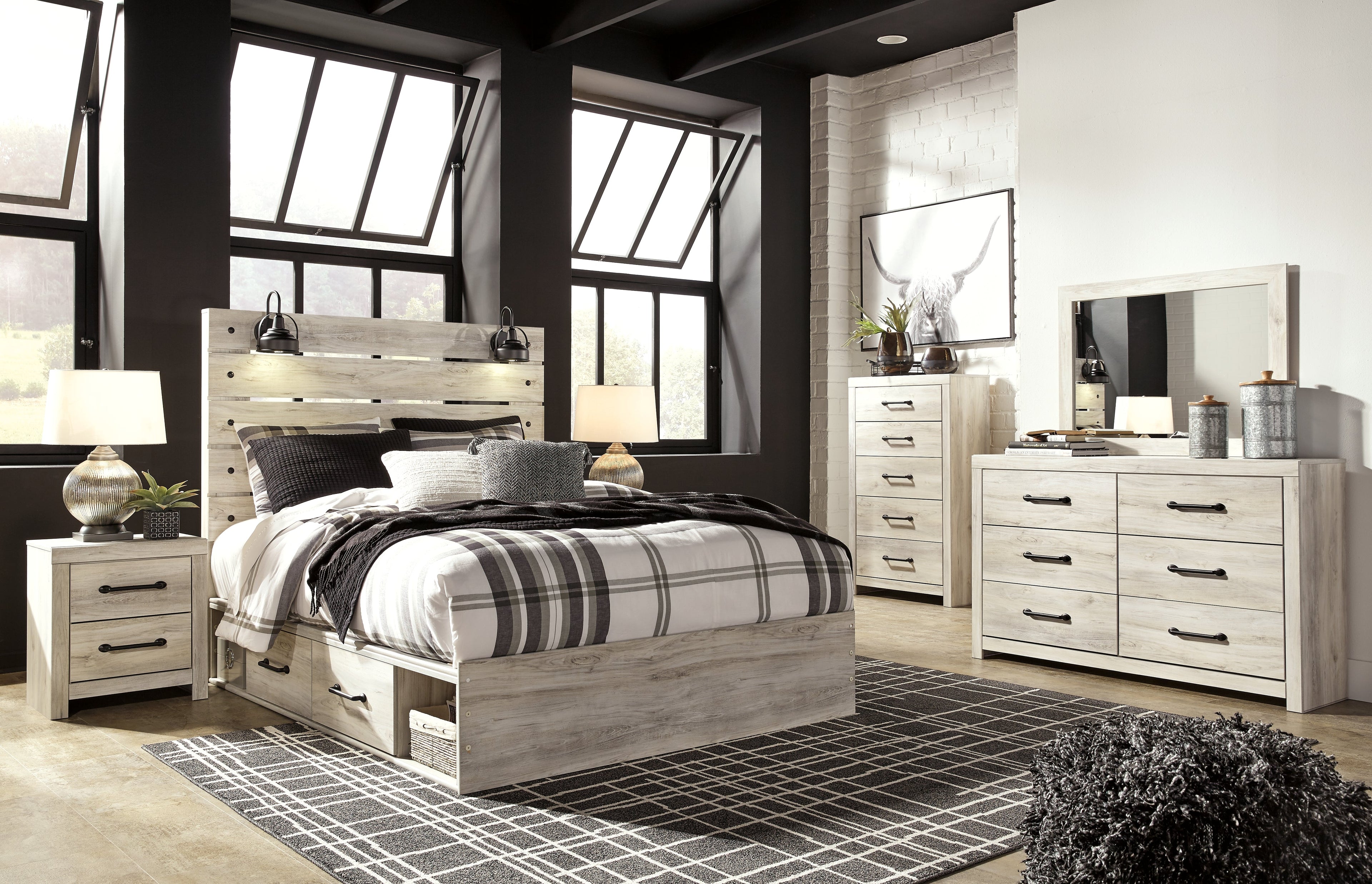 Cambeck Whitewash Queen Panel Storage Bed & Dresser & Mirror & Chest & 2 Nightstands