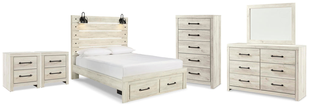 Cambeck Whitewash Queen Panel Storage Bed, Dresser, Mirror, Chest and 2 Nightstands