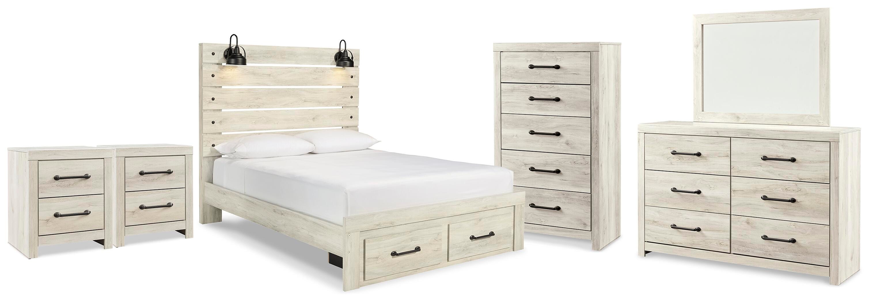 Cambeck Whitewash Queen Panel Storage Bed, Dresser, Mirror, Chest and 2 Nightstands