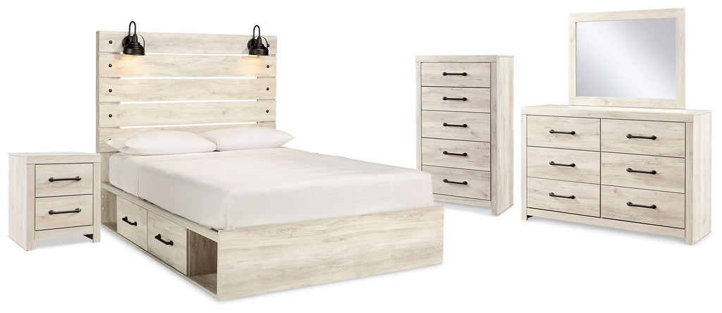 Cambeck Whitewash Queen Panel Storage Bed, Dresser, Mirror, Chest and Nightstand