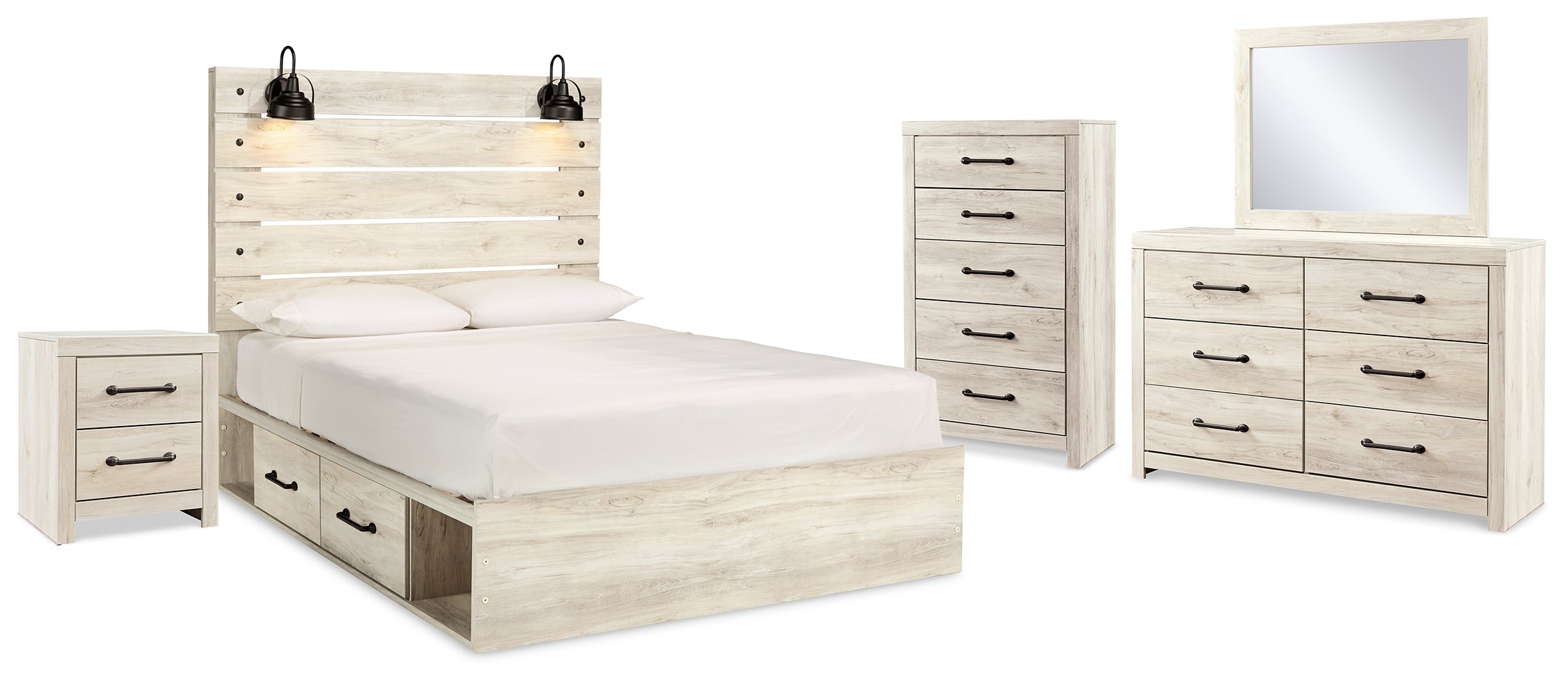 Cambeck Whitewash Queen Panel Storage Bed, Dresser, Mirror, Chest and Nightstand