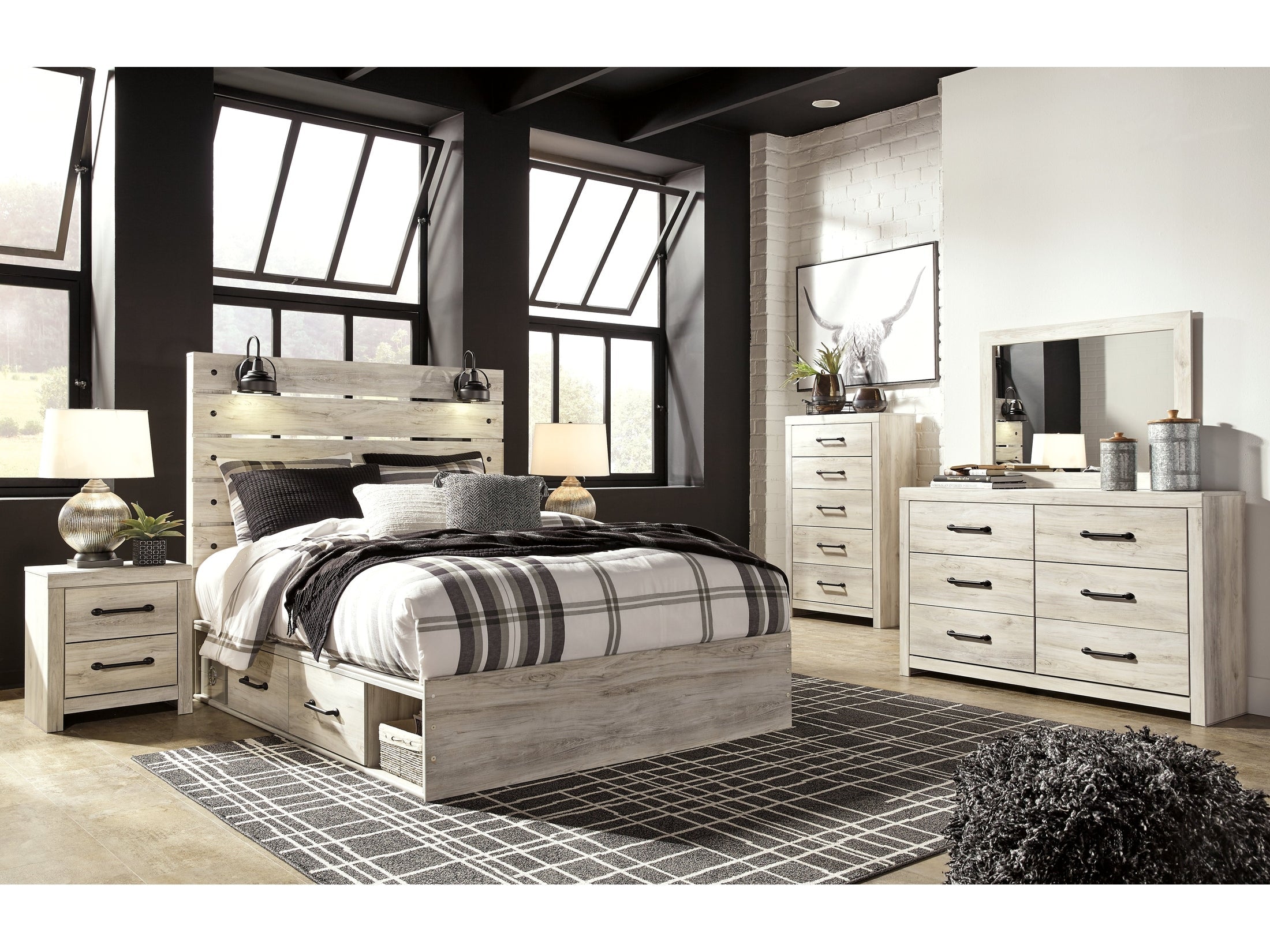 Cambeck Whitewash Queen Panel Storage Bed, Dresser, Mirror, Chest and Nightstand