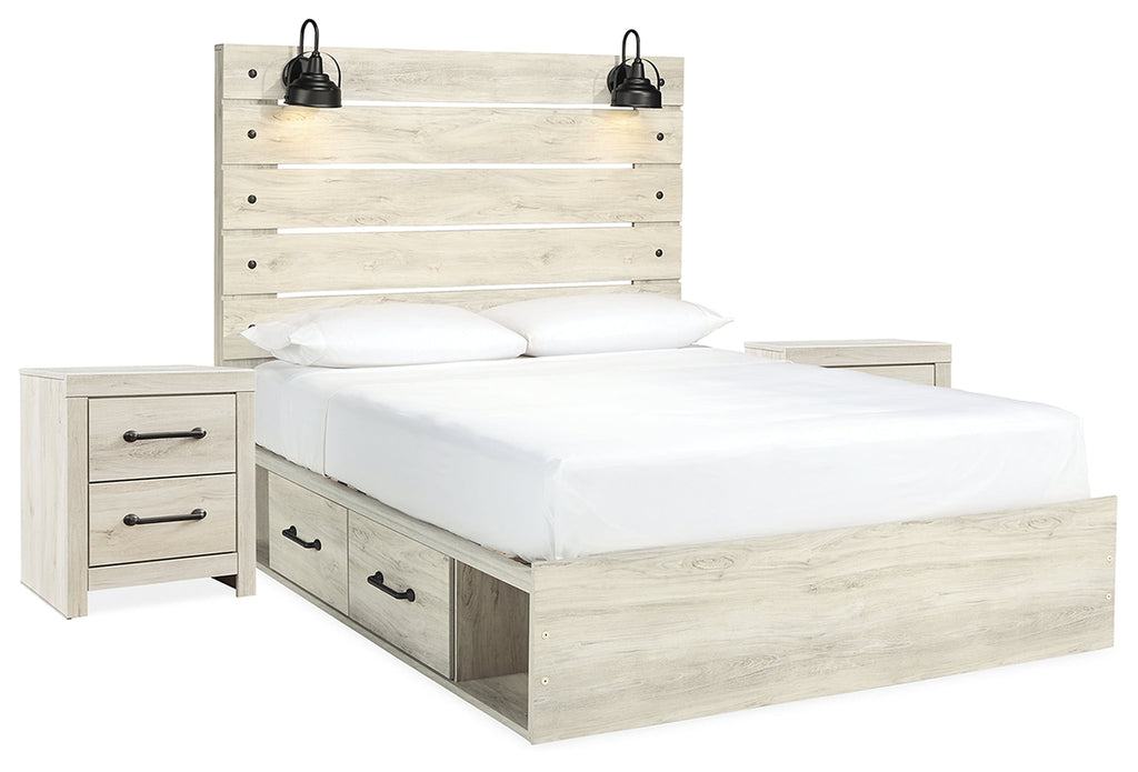 Cambeck Whitewash Queen Panel Storage Bed and 2 Nightstands