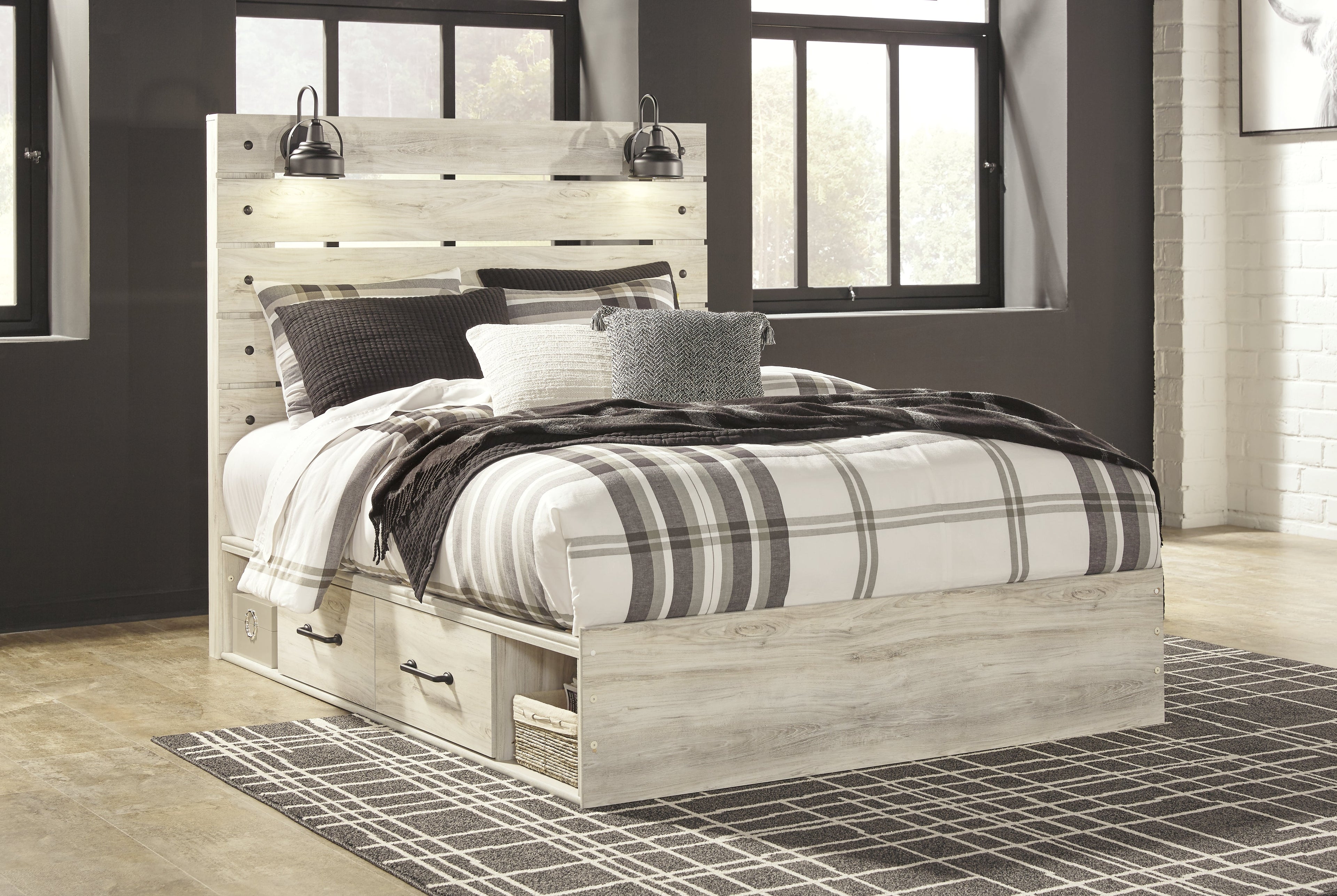 Cambeck Whitewash Queen Panel Storage Bed and 2 Nightstands