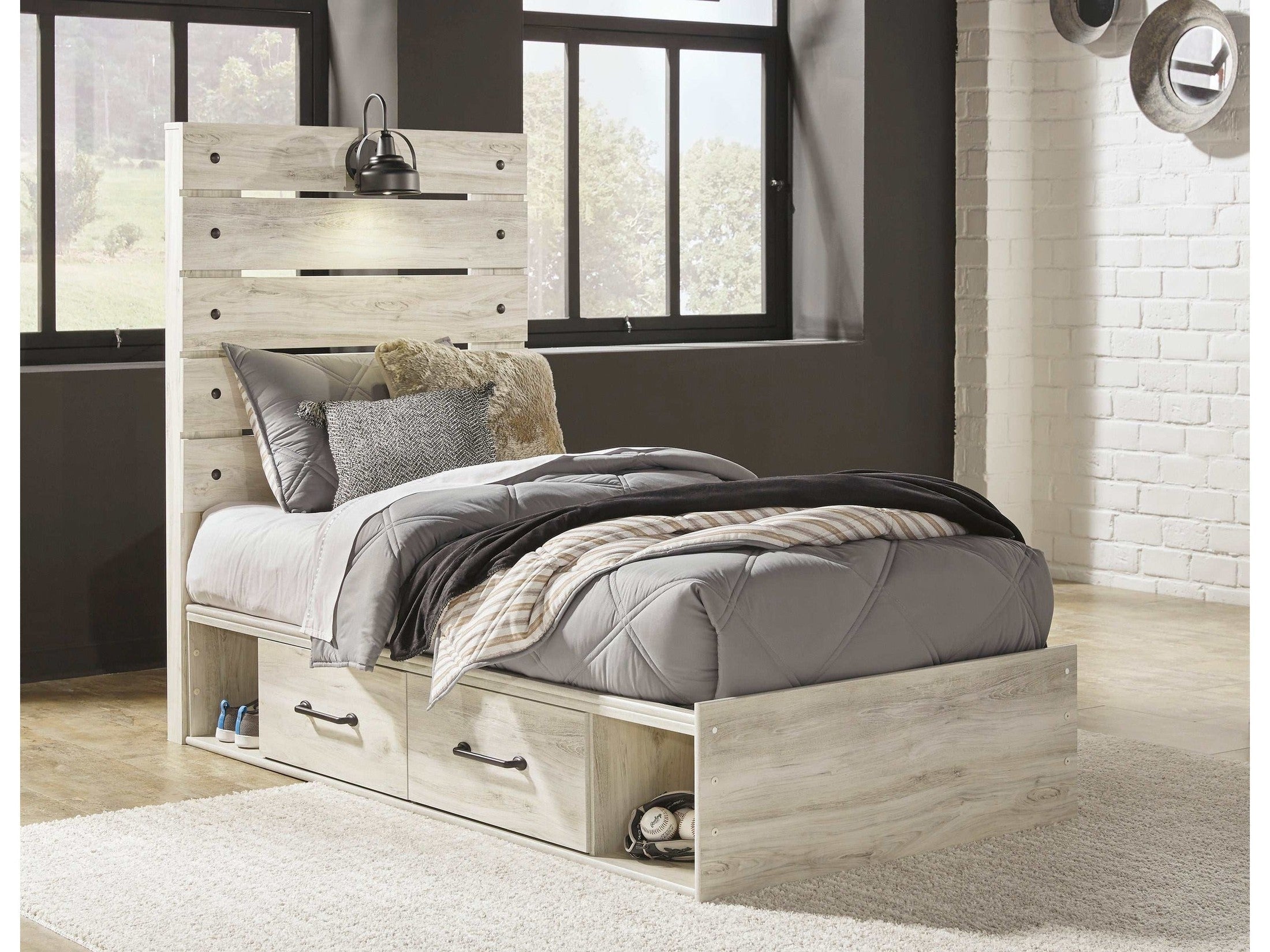 Cambeck Whitewash Twin Panel Bed w/ 2 Storage Drawers