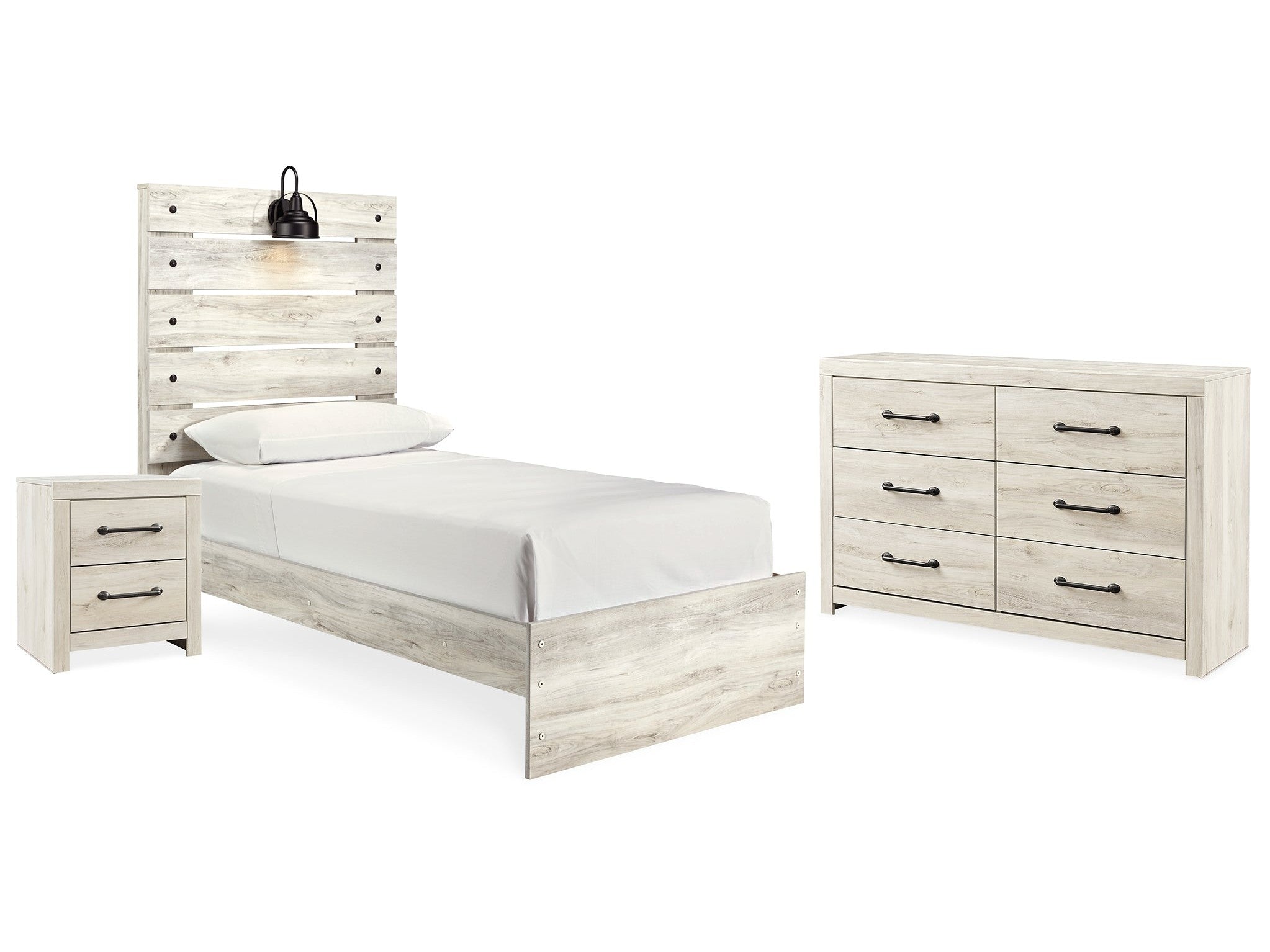 Cambeck Whitewash Twin Panel Bedroom Set with Dresser and Nightstand