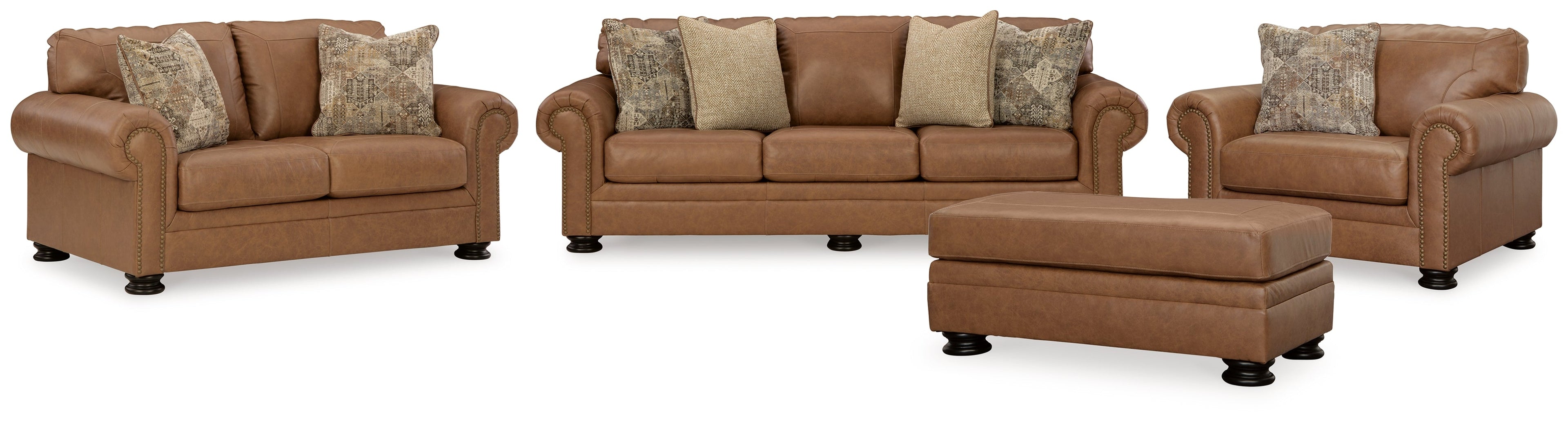 Carianna Caramel Sofa, Loveseat, Chair and Ottoman
