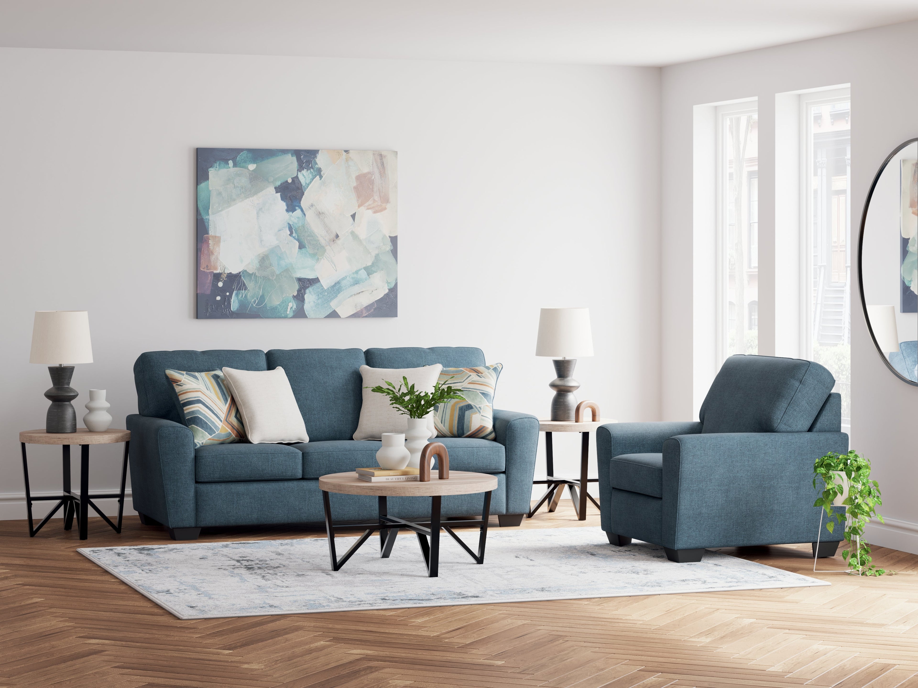 Cashton Blue Sofa, Chair and Ottoman