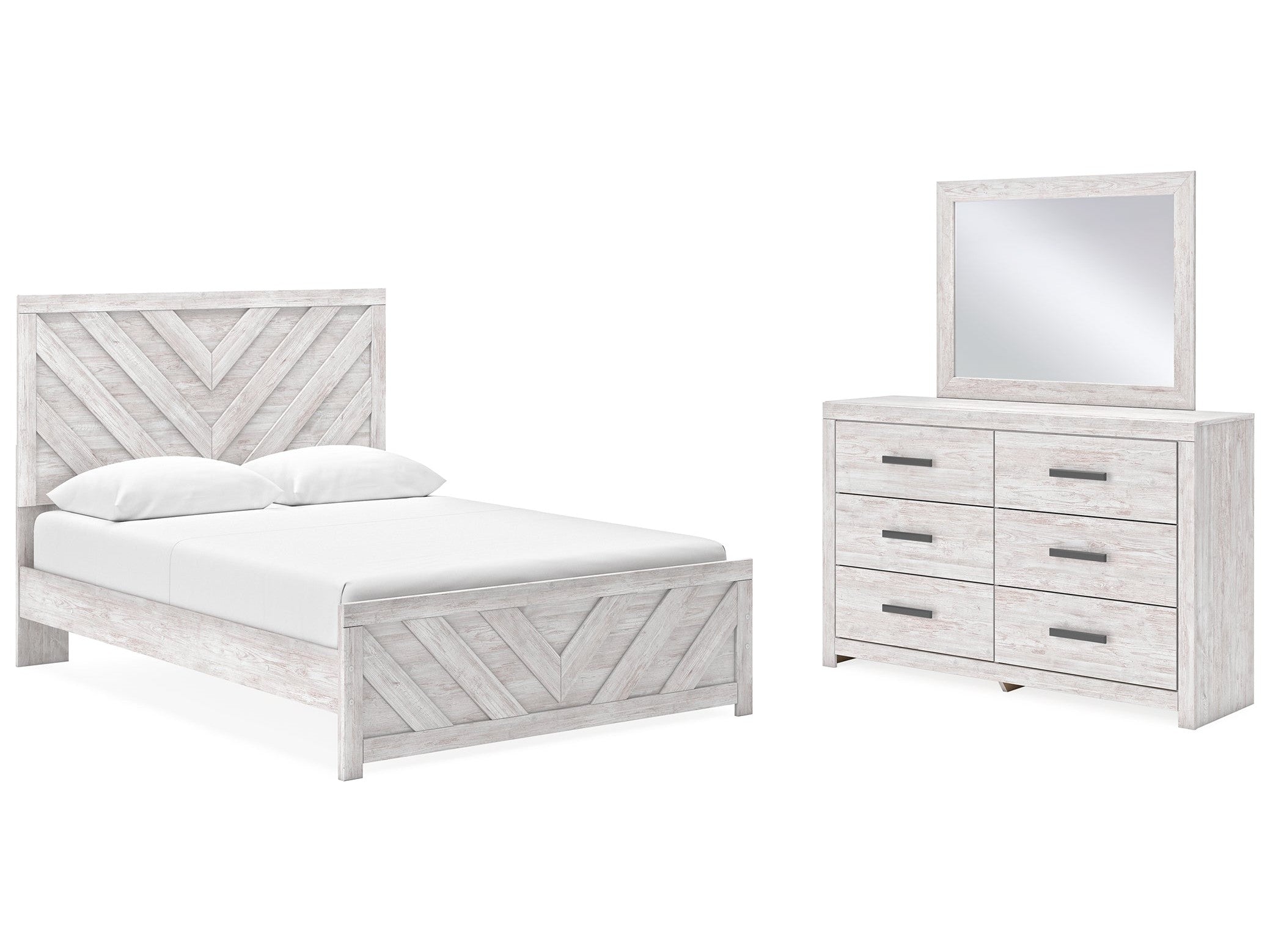 Cayboni Whitewash Queen Panel Bedroom Set with Dresser and Mirror