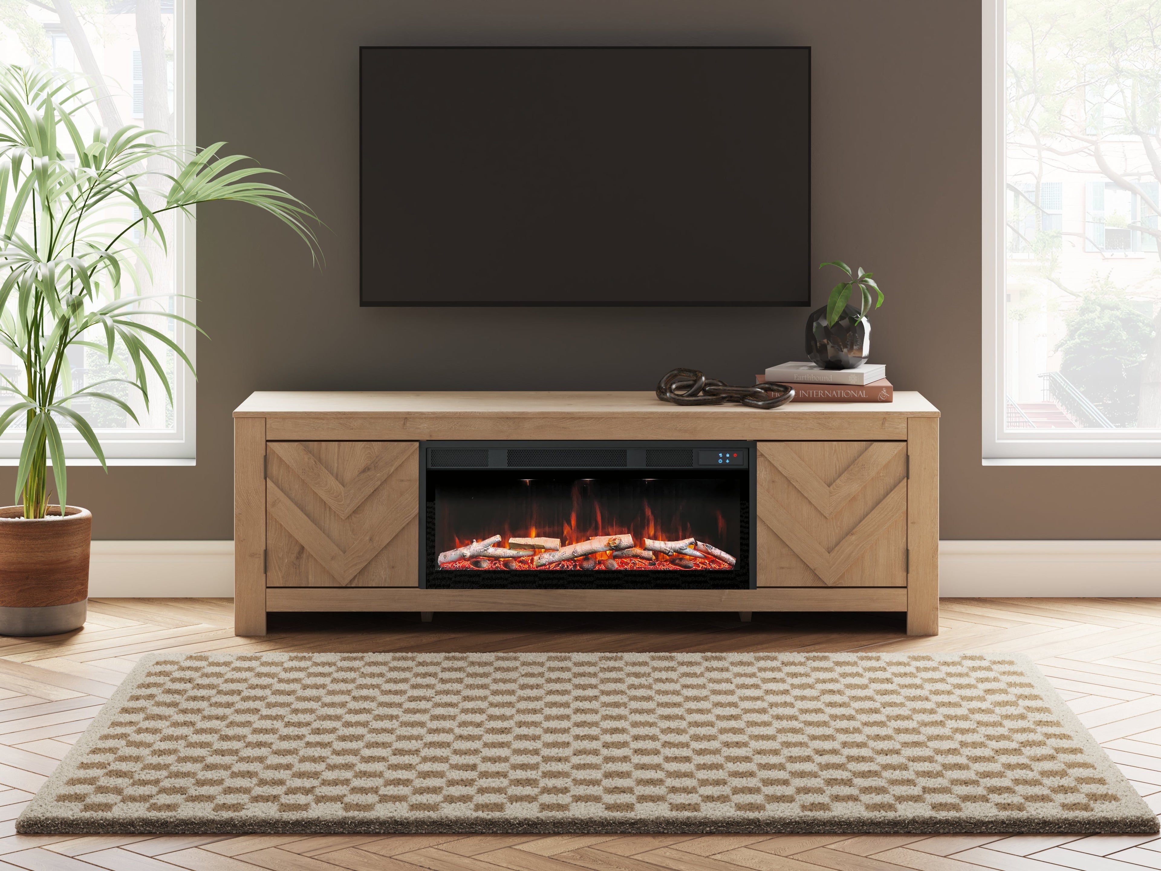 Cayboni Tan 71" TV Stand with Electric Fireplace