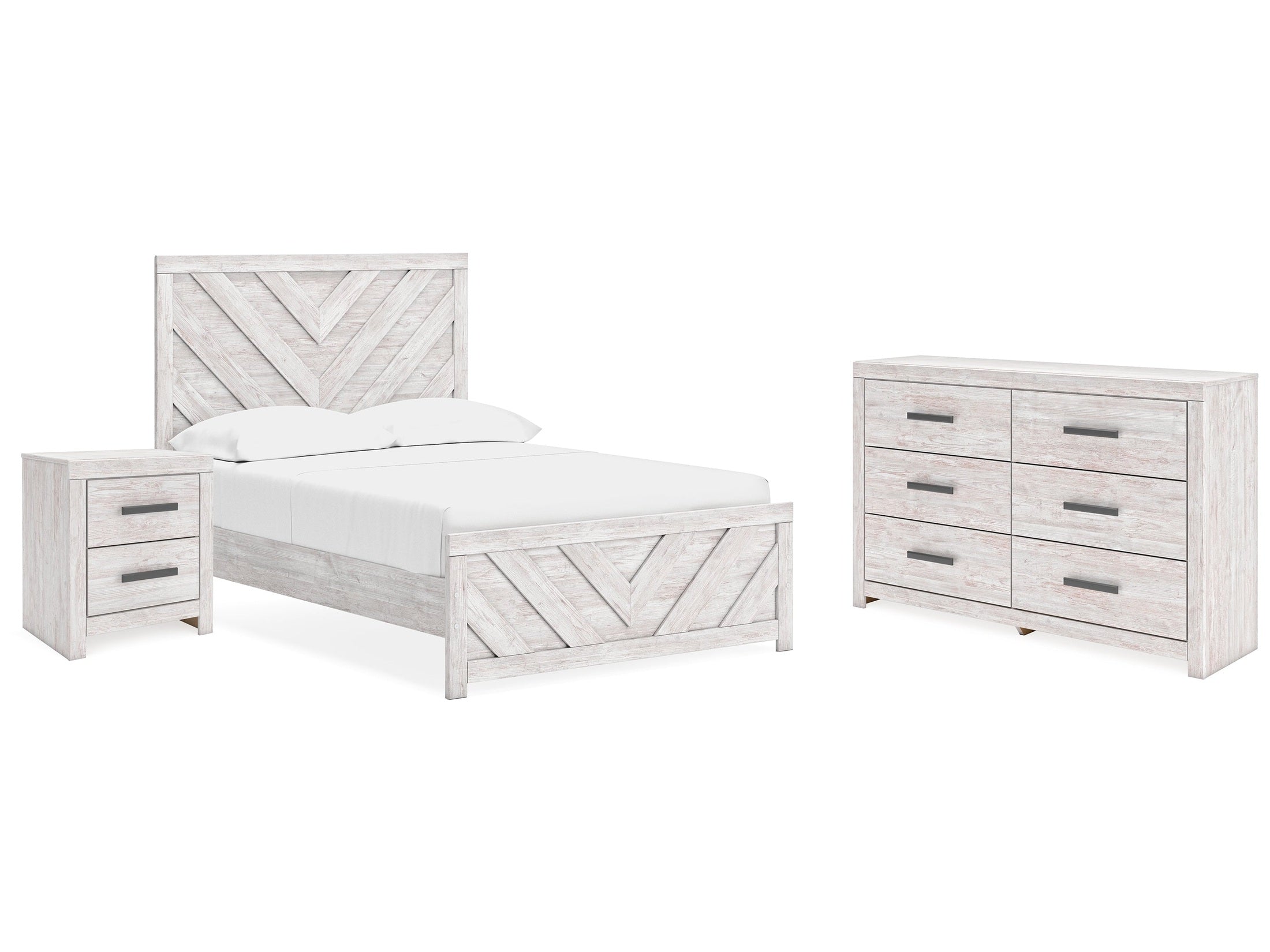 Cayboni Whitewash Full Panel Bed, Dresser and Nightstand
