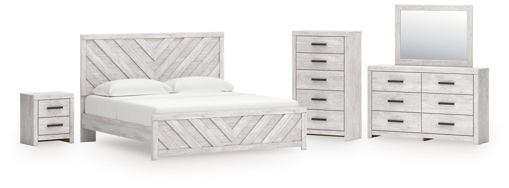 Cayboni Whitewash King Panel Bed, Dresser, Mirror, Chest and Nightstand