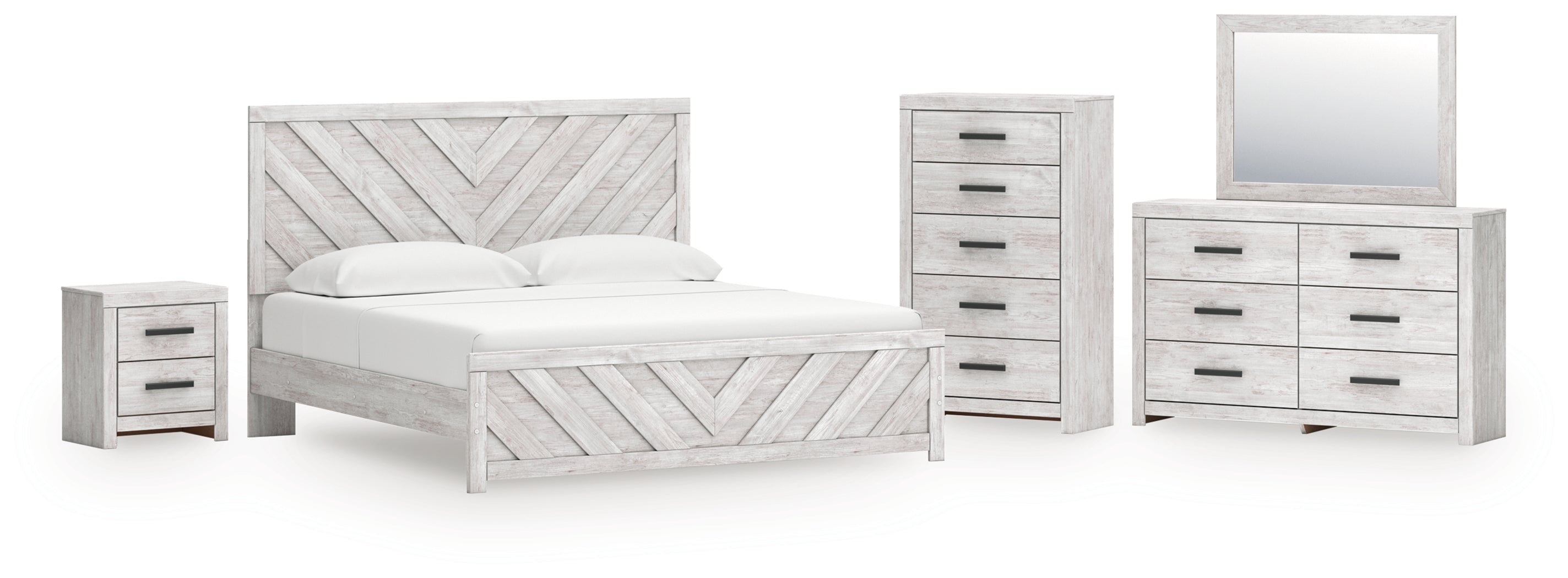 Cayboni Whitewash King Panel Bed, Dresser, Mirror, Chest and Nightstand