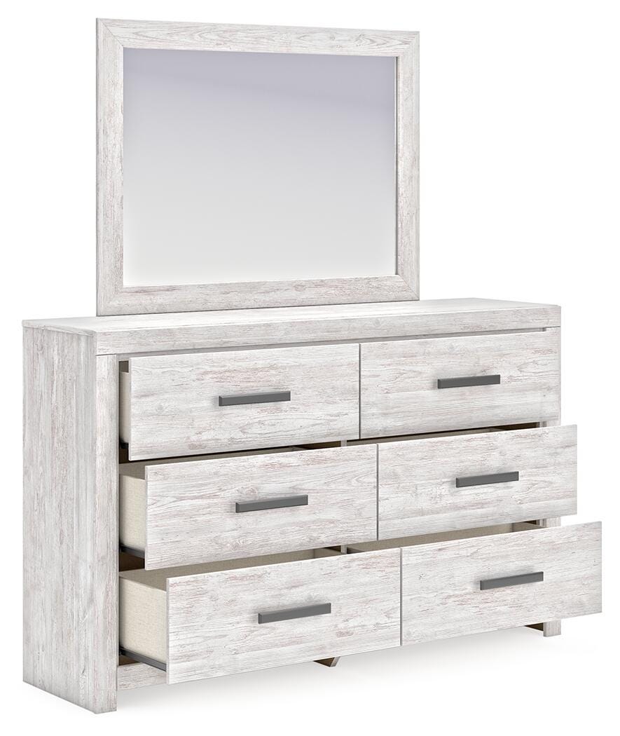 Cayboni Whitewash King Panel Bed, Dresser, Mirror and Chest