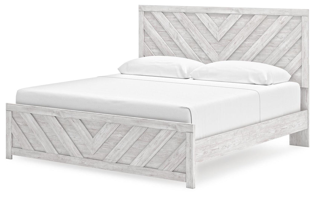 Cayboni Whitewash King Panel Bed, Dresser, Mirror and Chest