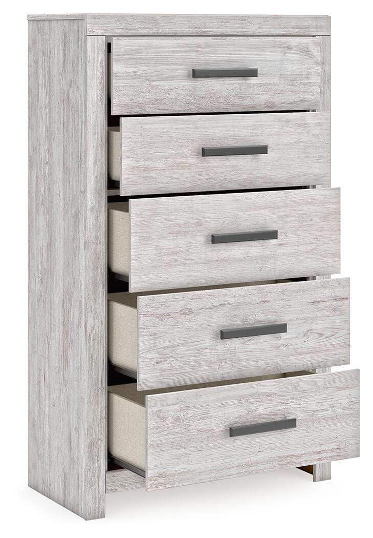 Cayboni Whitewash King Panel Bed, Dresser, Mirror and Chest