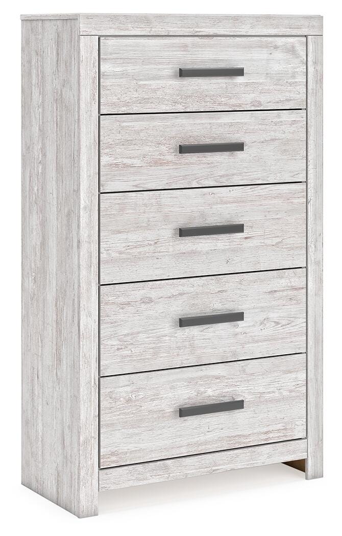 Cayboni Whitewash King Panel Bed, Dresser, Mirror and Chest