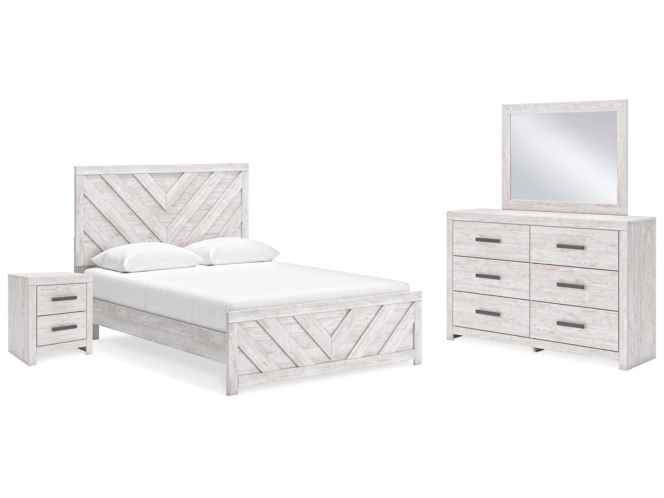 Cayboni Whitewash Queen Panel Bed & Dresser & Mirror & Nightstand