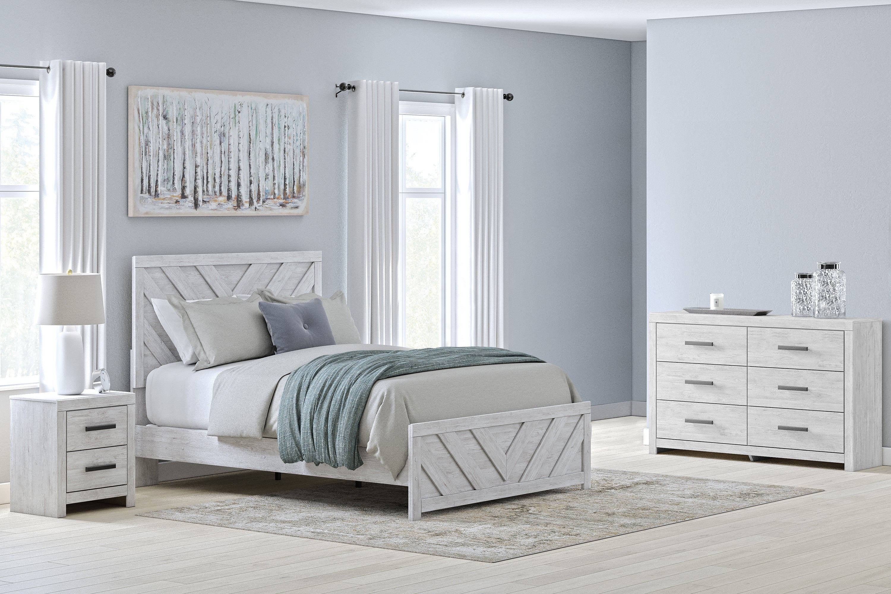 Cayboni Whitewash Full Panel Bed, Dresser and 2 Nightstands