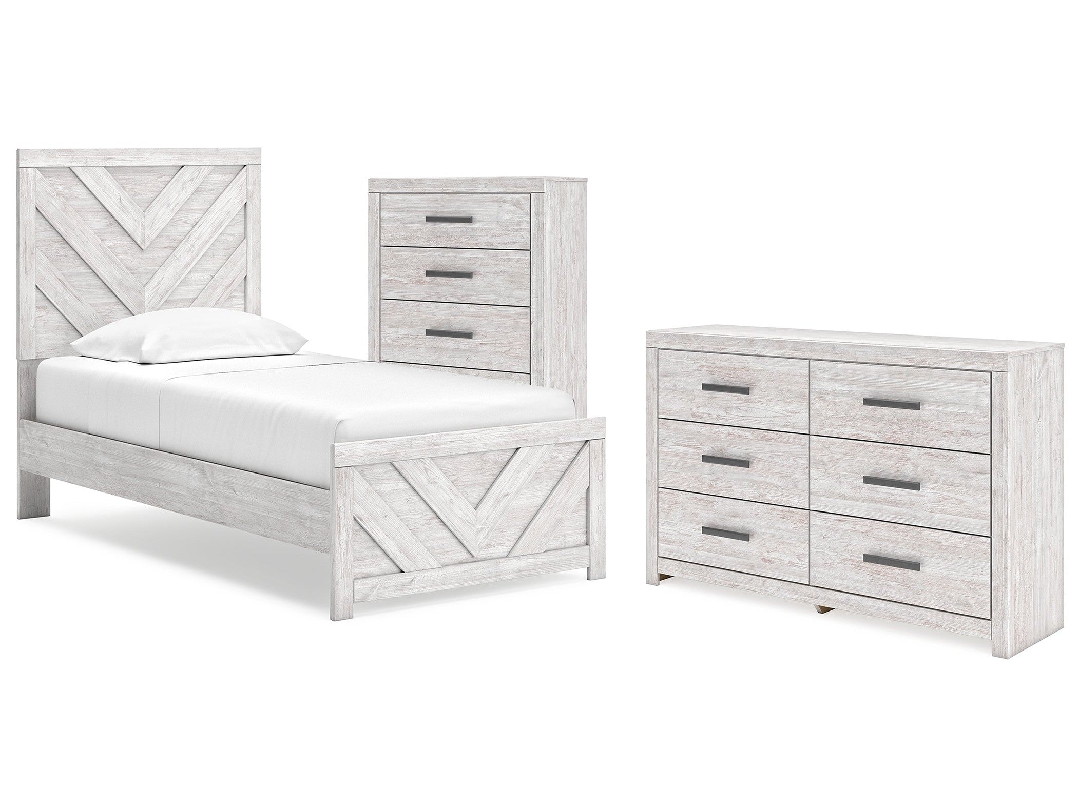 Cayboni Whitewash Twin Panel Bedroom Set with Dresser and Chest