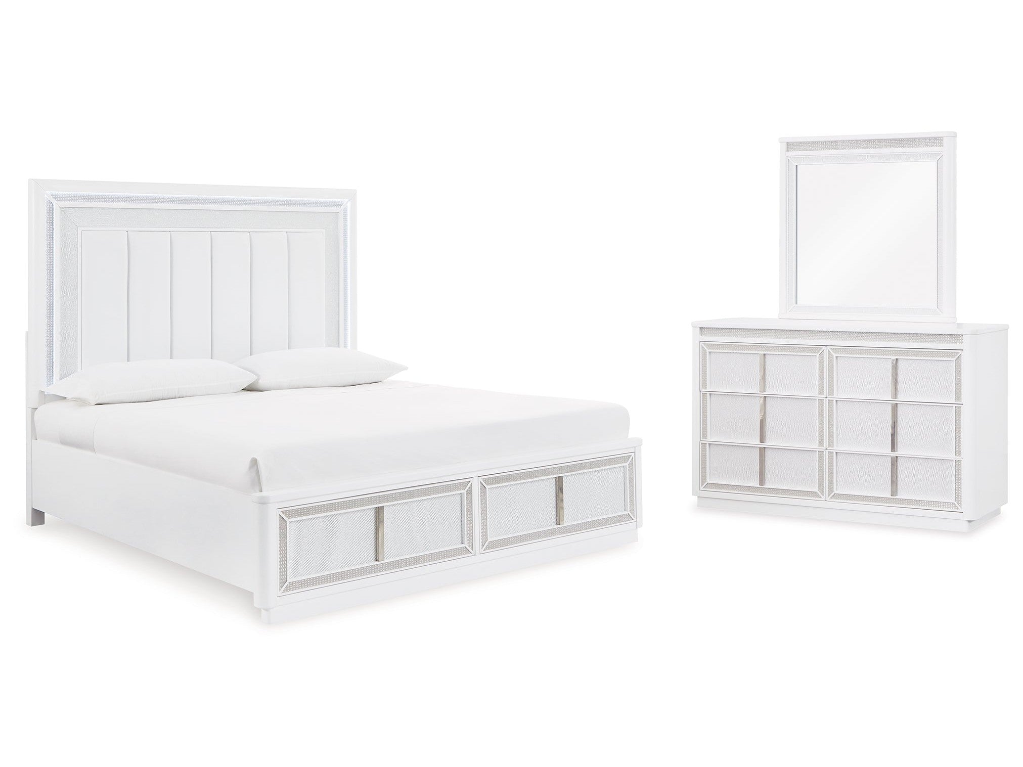 Chalanna Queen Upholstered Storage Bedroom Set with Dresser and Mirror