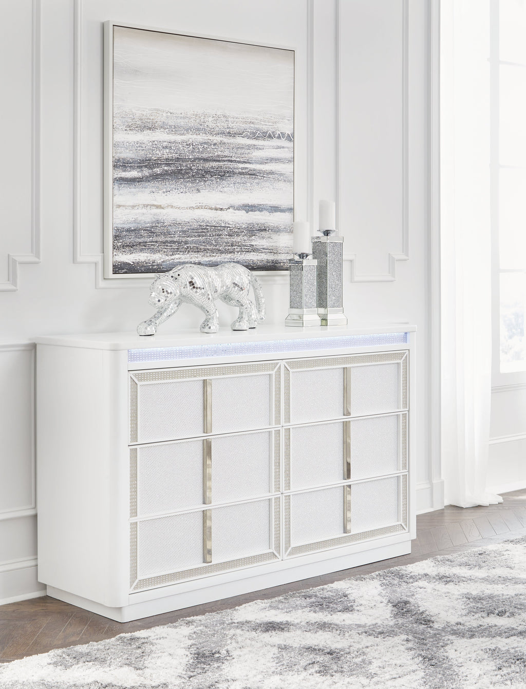 Chalanna White Queen Storage Bed, Dresser and 2 Nightstands